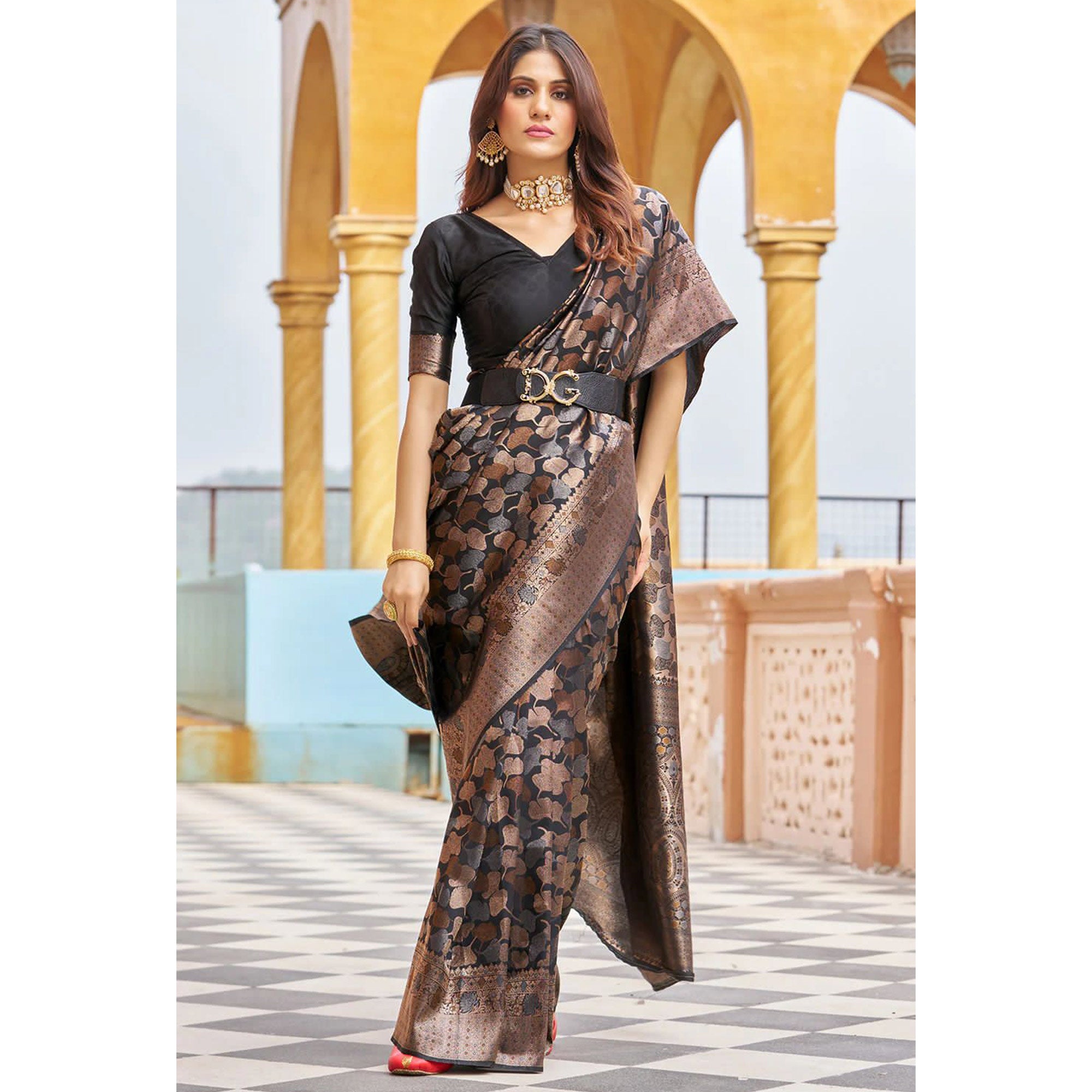 Black Floral Woven Banarasi Silk Saree