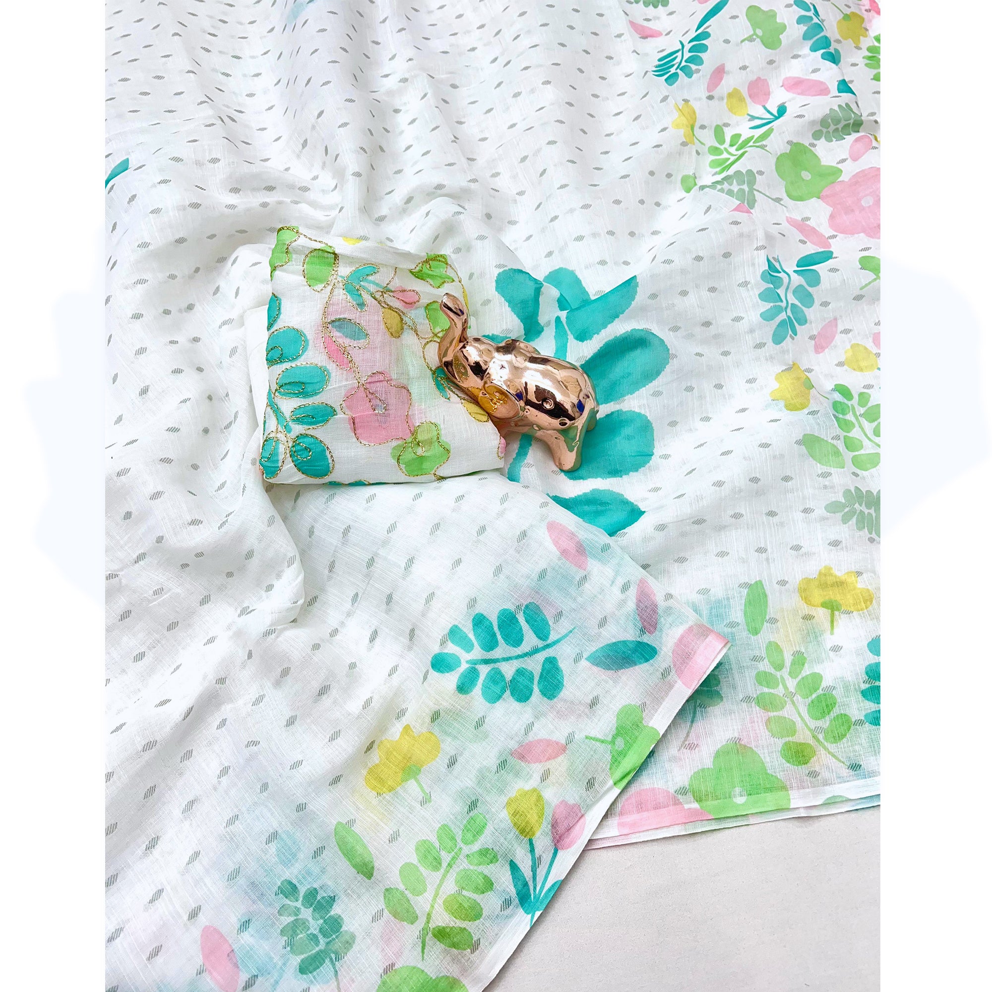 White Linen Cotton Saree with Intricate and Vibrant Digital Printed Designs