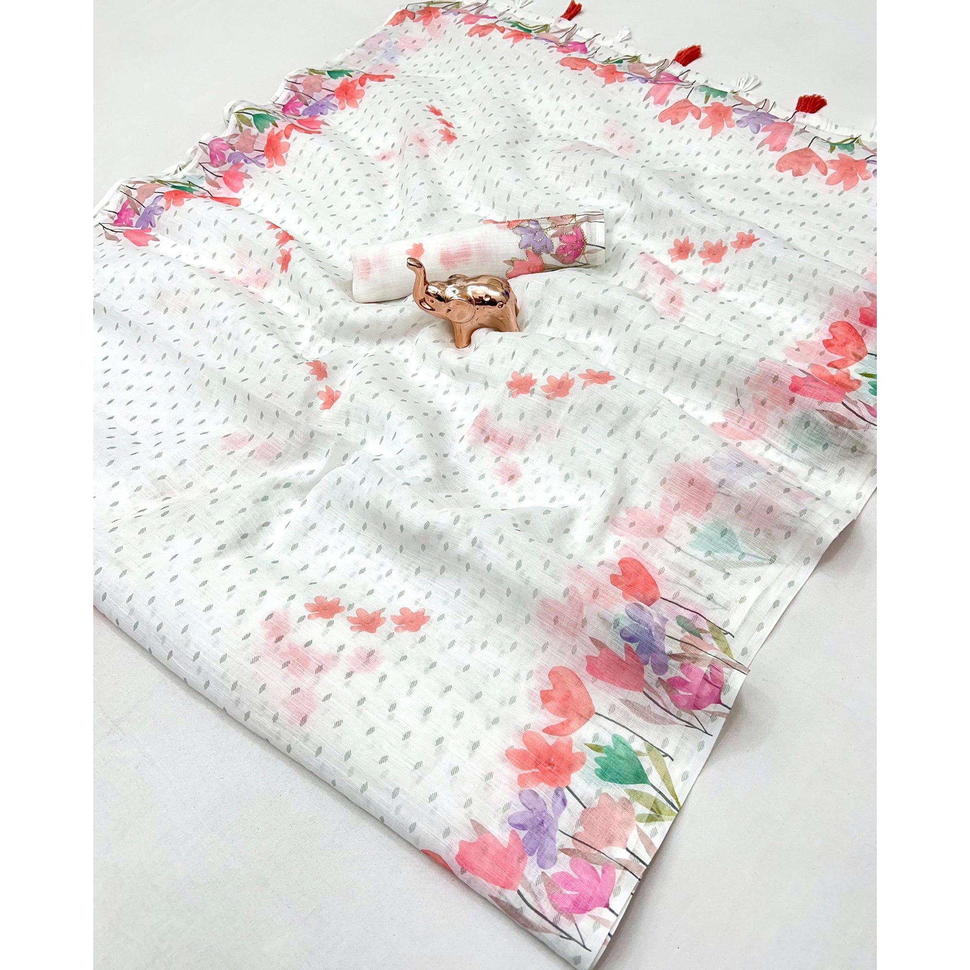 White Linen Cotton Saree with Beautiful and Vibrant Digital Printed Designs