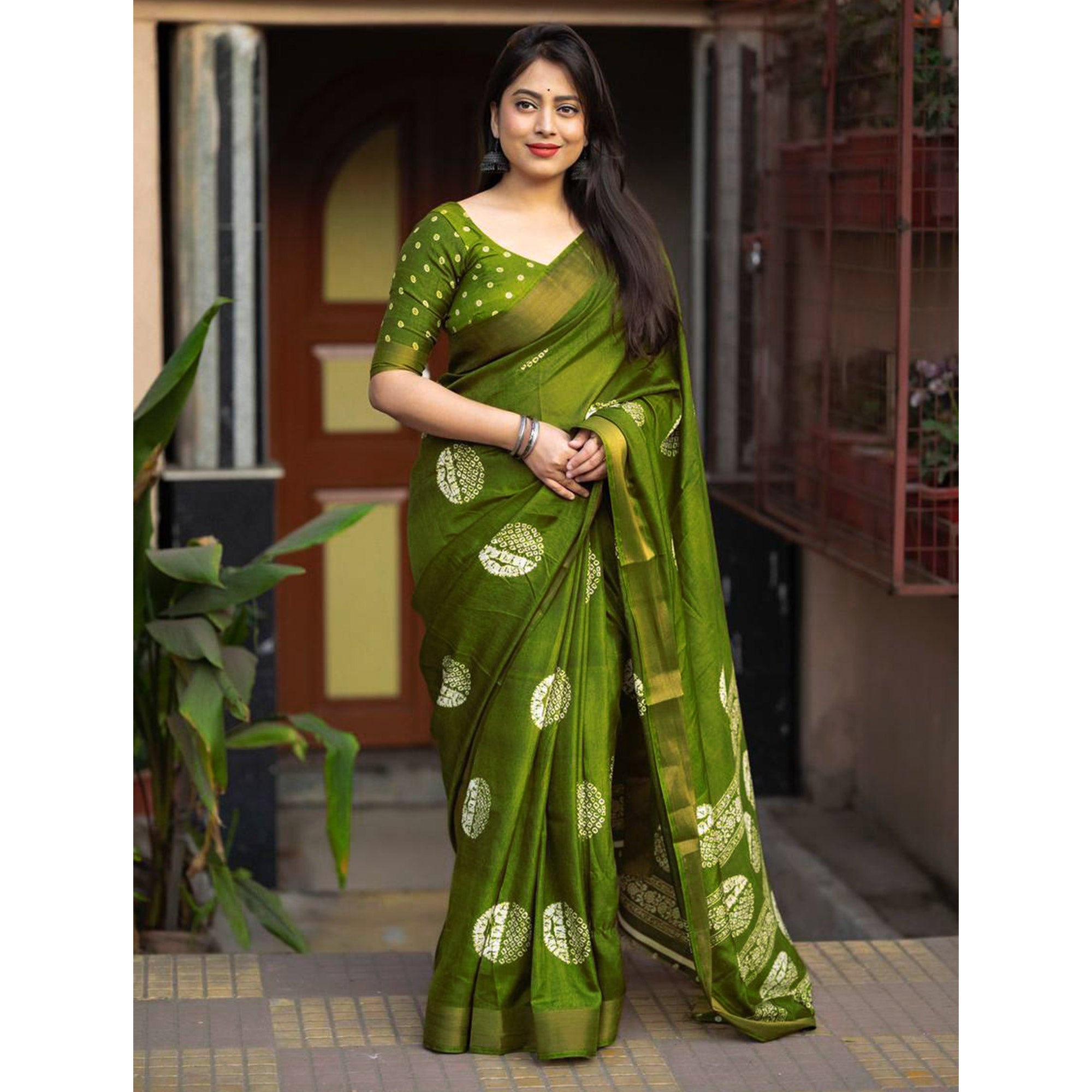 Green Batik Printed Cotton Silk Saree With Zari Border