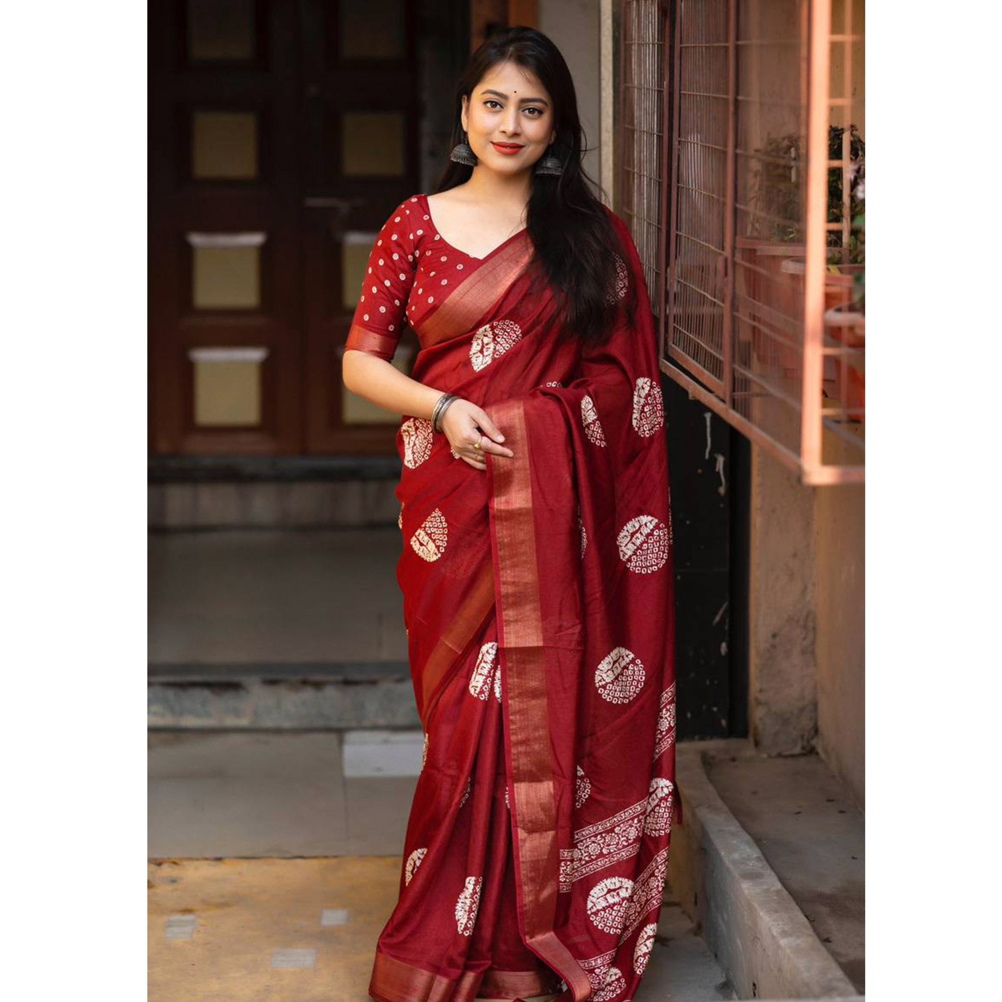 Maroon Batik Printed Cotton Silk Saree With Zari Border