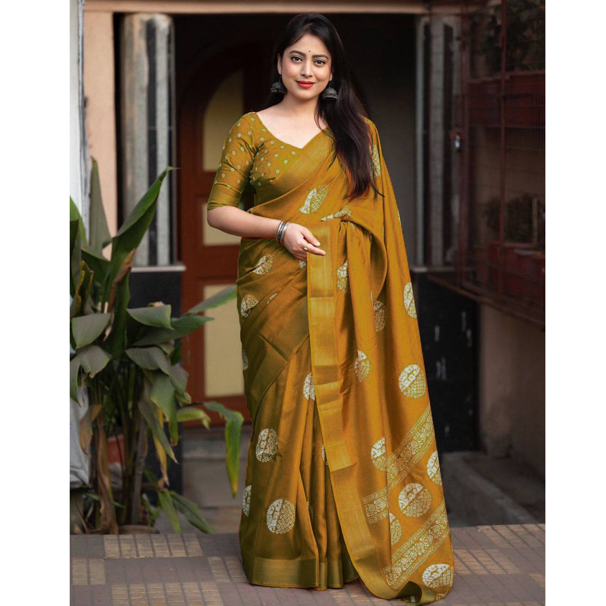 Mustard Batik Printed Cotton Silk Saree With Zari Border