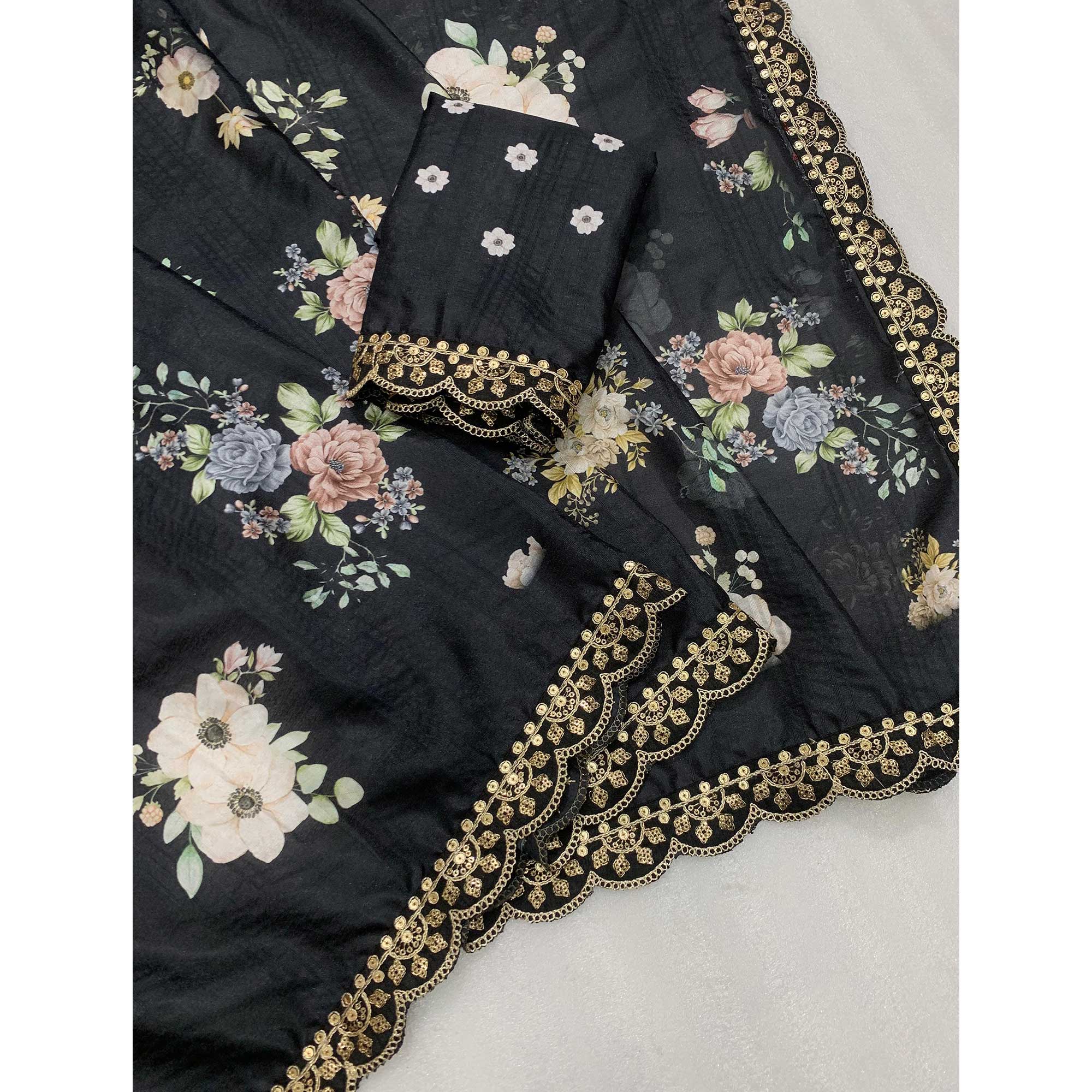 Black Floral Digital Printed Tussar Silk Saree With Sequins Embroidered Border