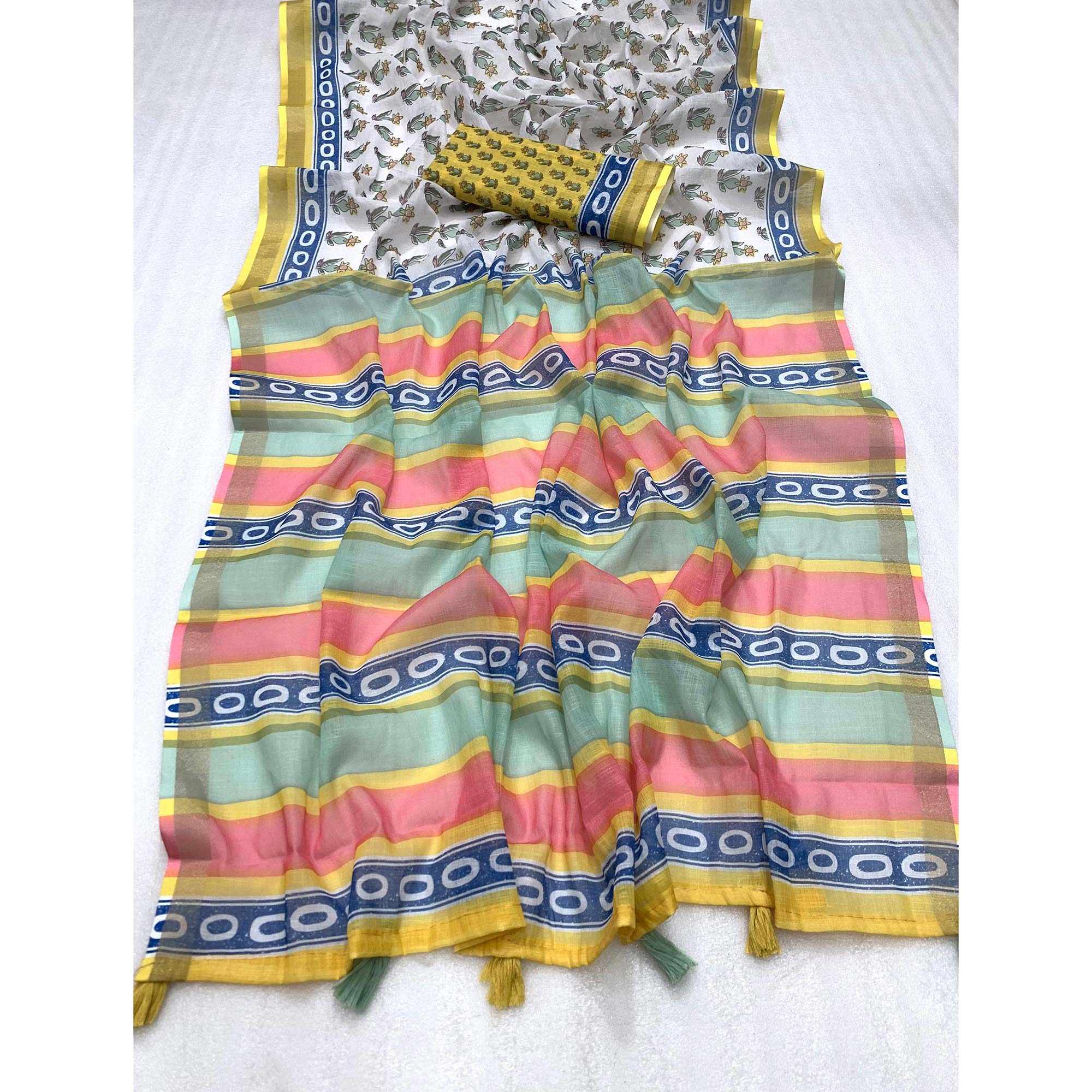 White Batik Printed Pure Linen Saree With Tassels