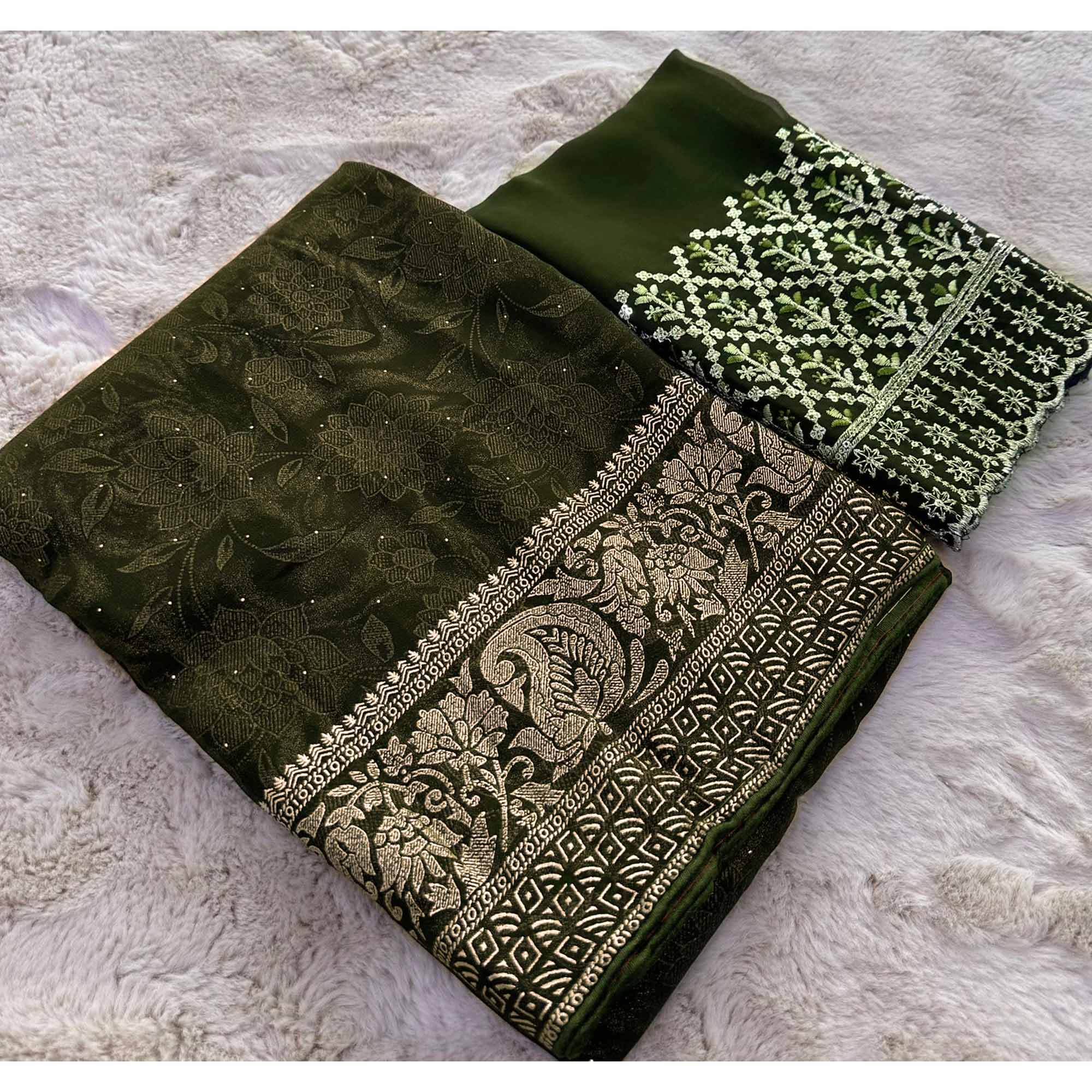 Green Floral Foil Printed Georgette Saree With Tassels