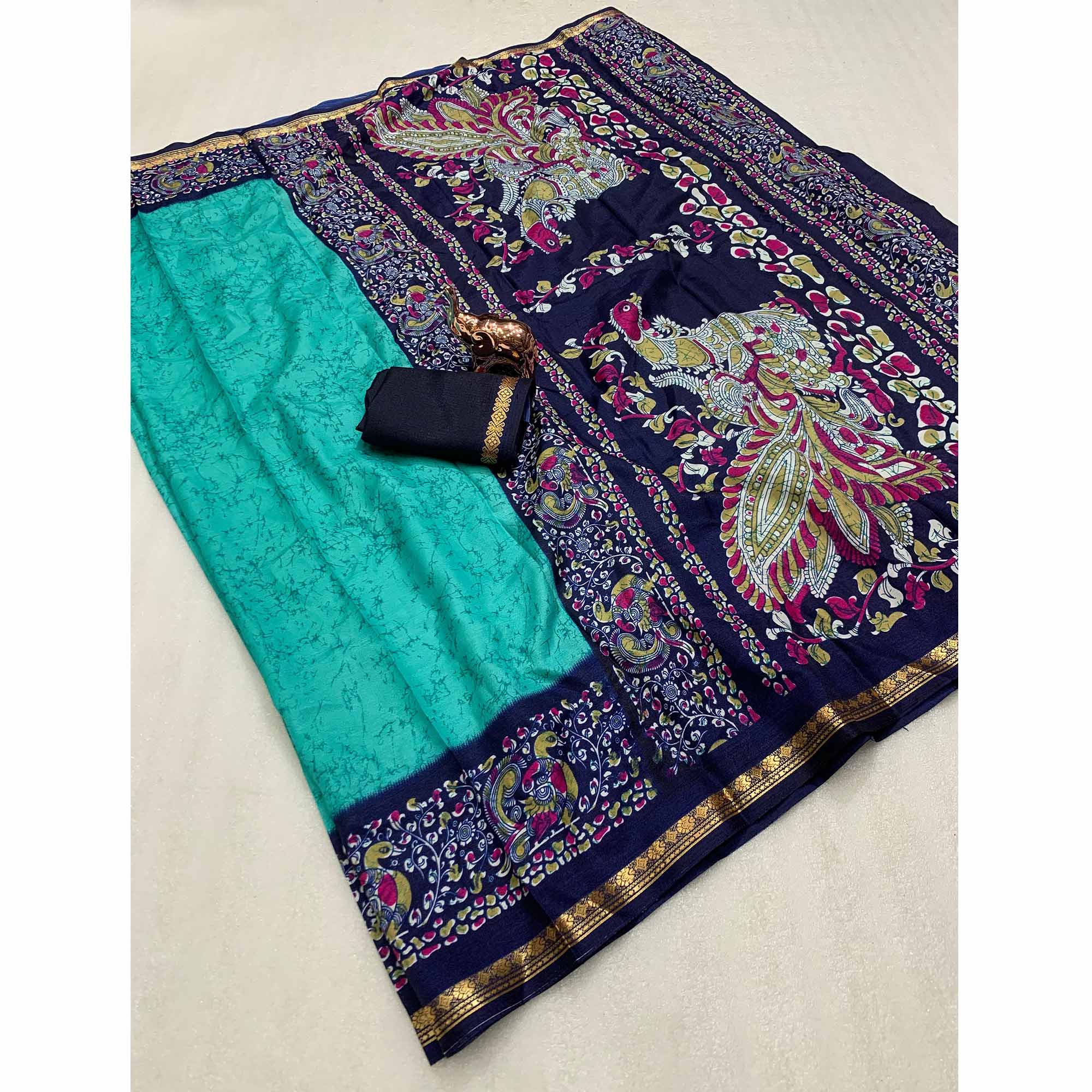 Turquoise Dola Silk Saree with Artistic Abstract Prints and Kalamkari Pallu
