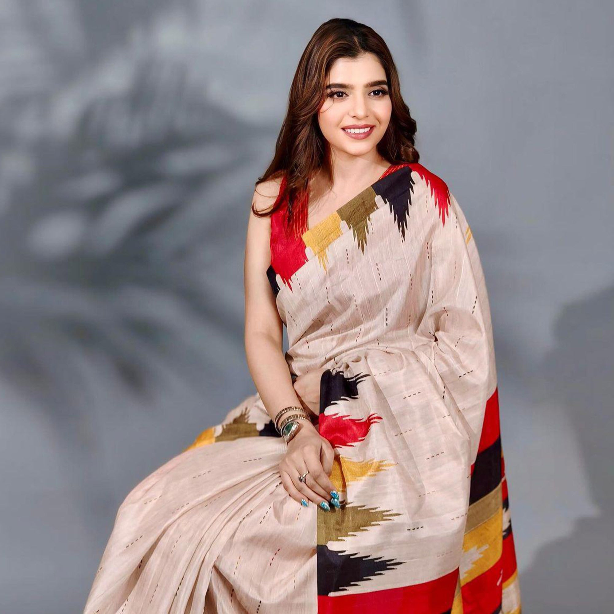Beige Digital Printed Tussar Silk Saree