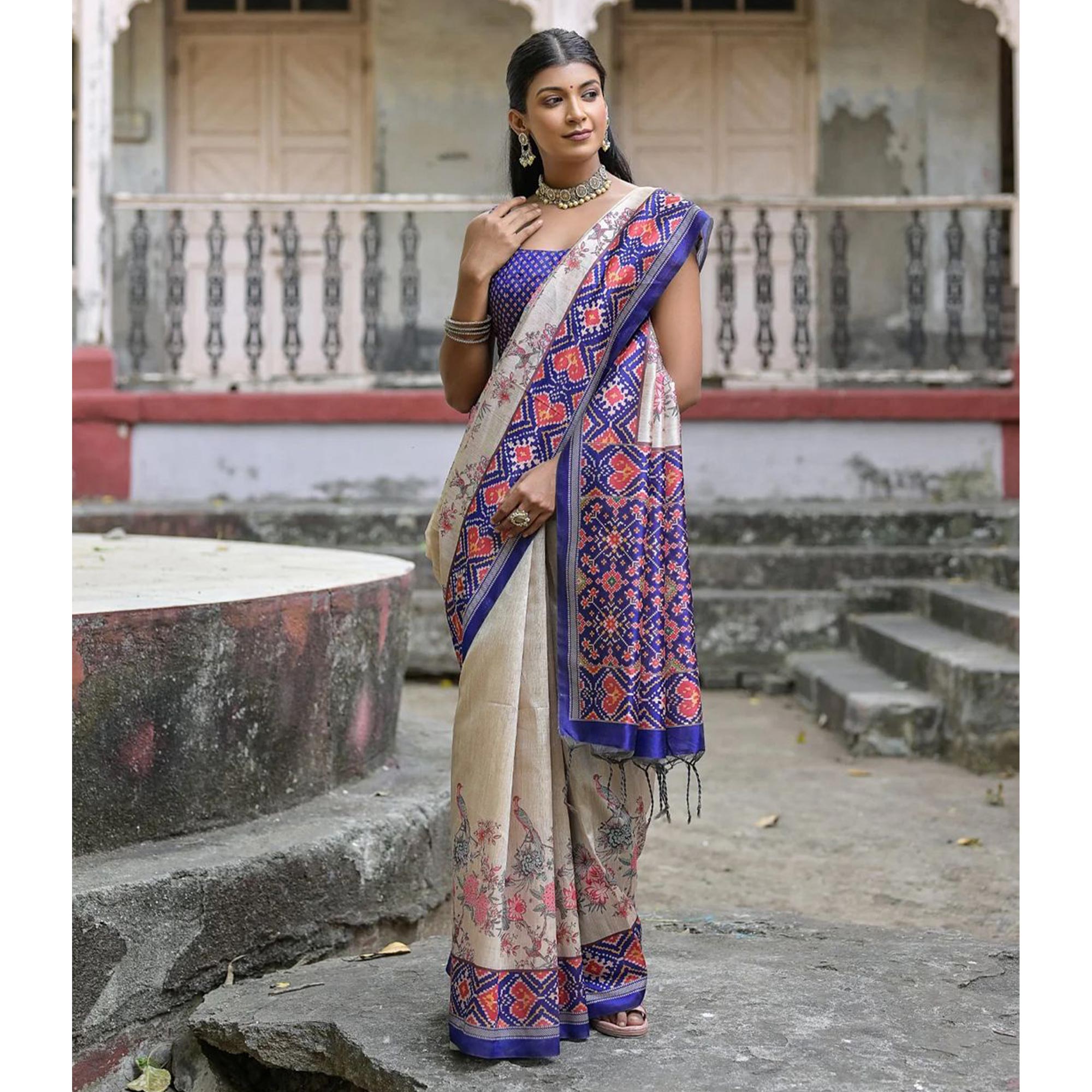 Beige & Blue Floral Printed Tussar Silk Saree