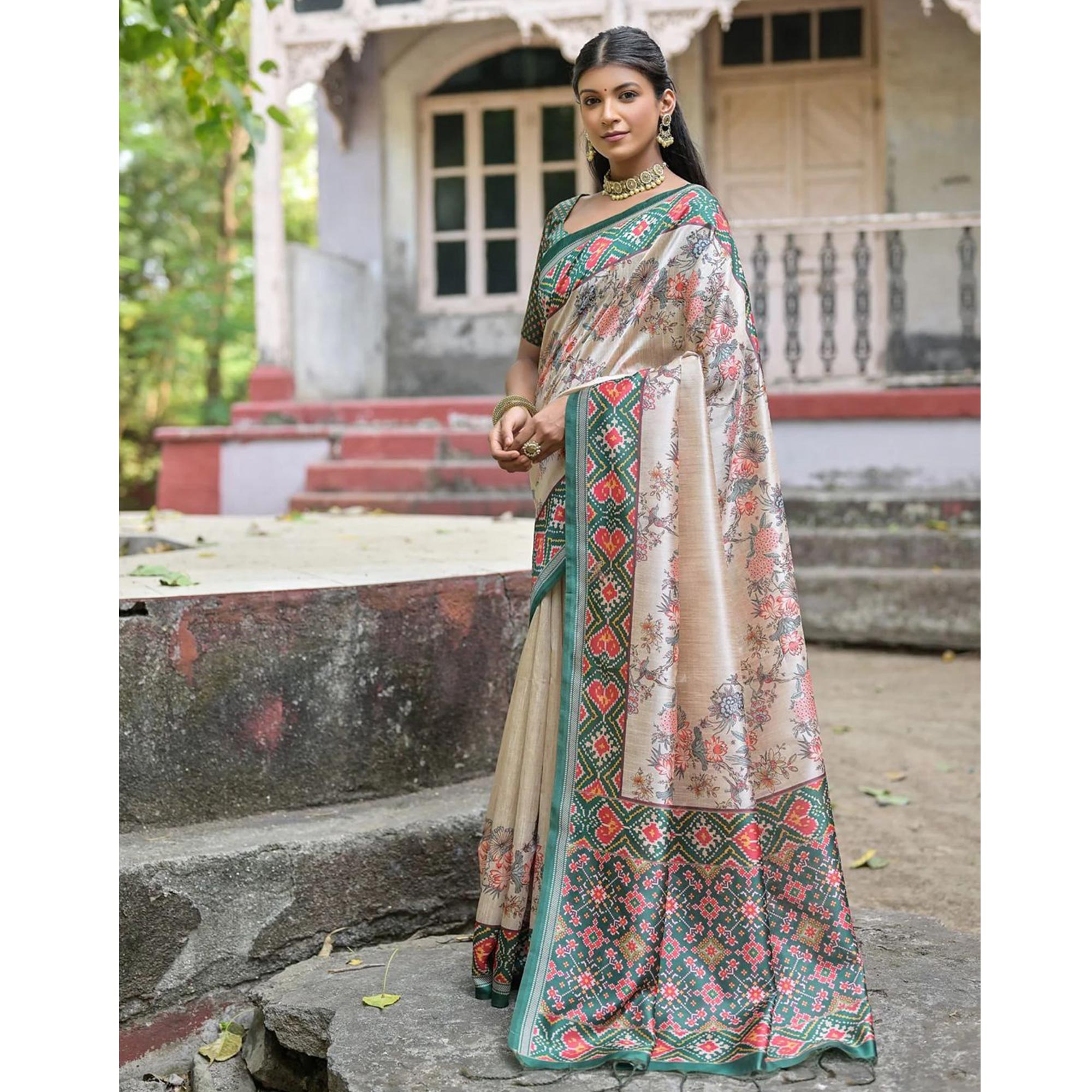 Beige & Green Floral Printed Tussar Silk Saree