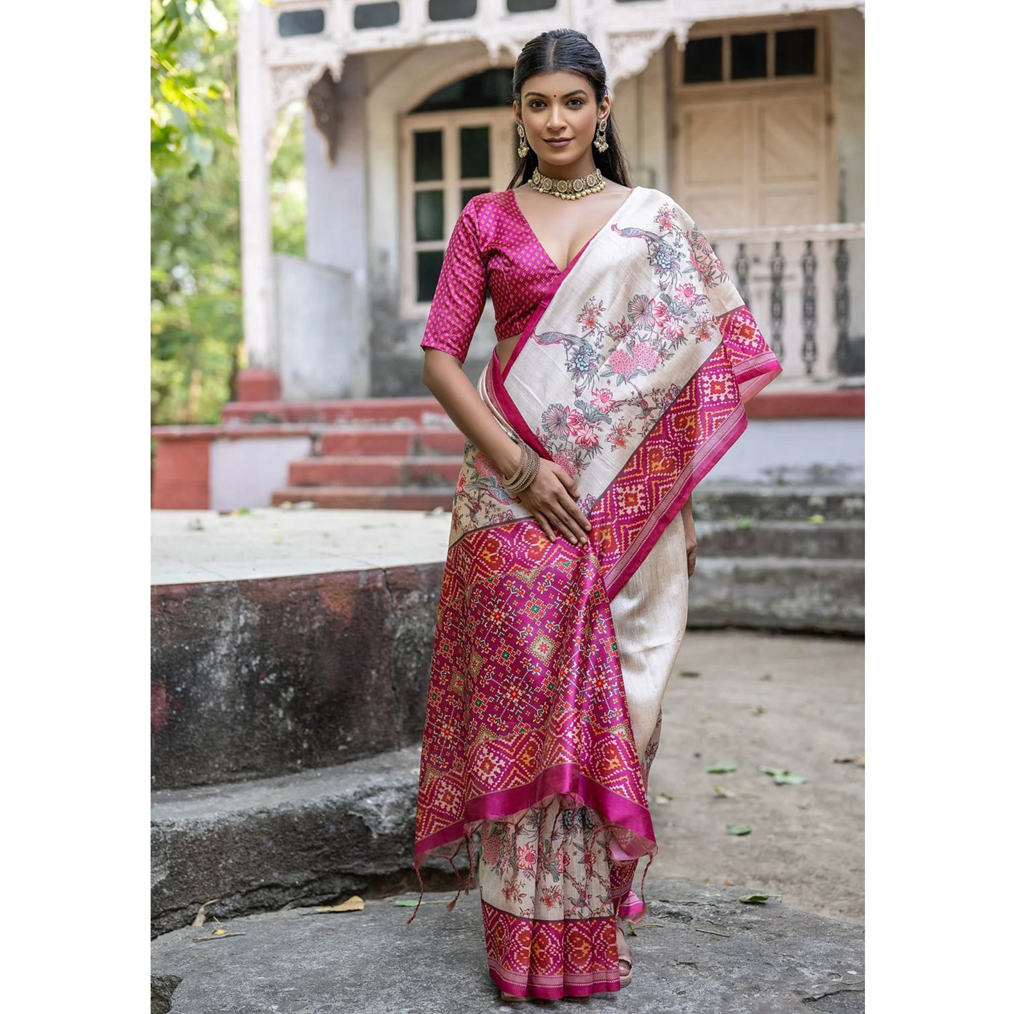 Beige & Pink Floral Printed Tussar Silk Saree