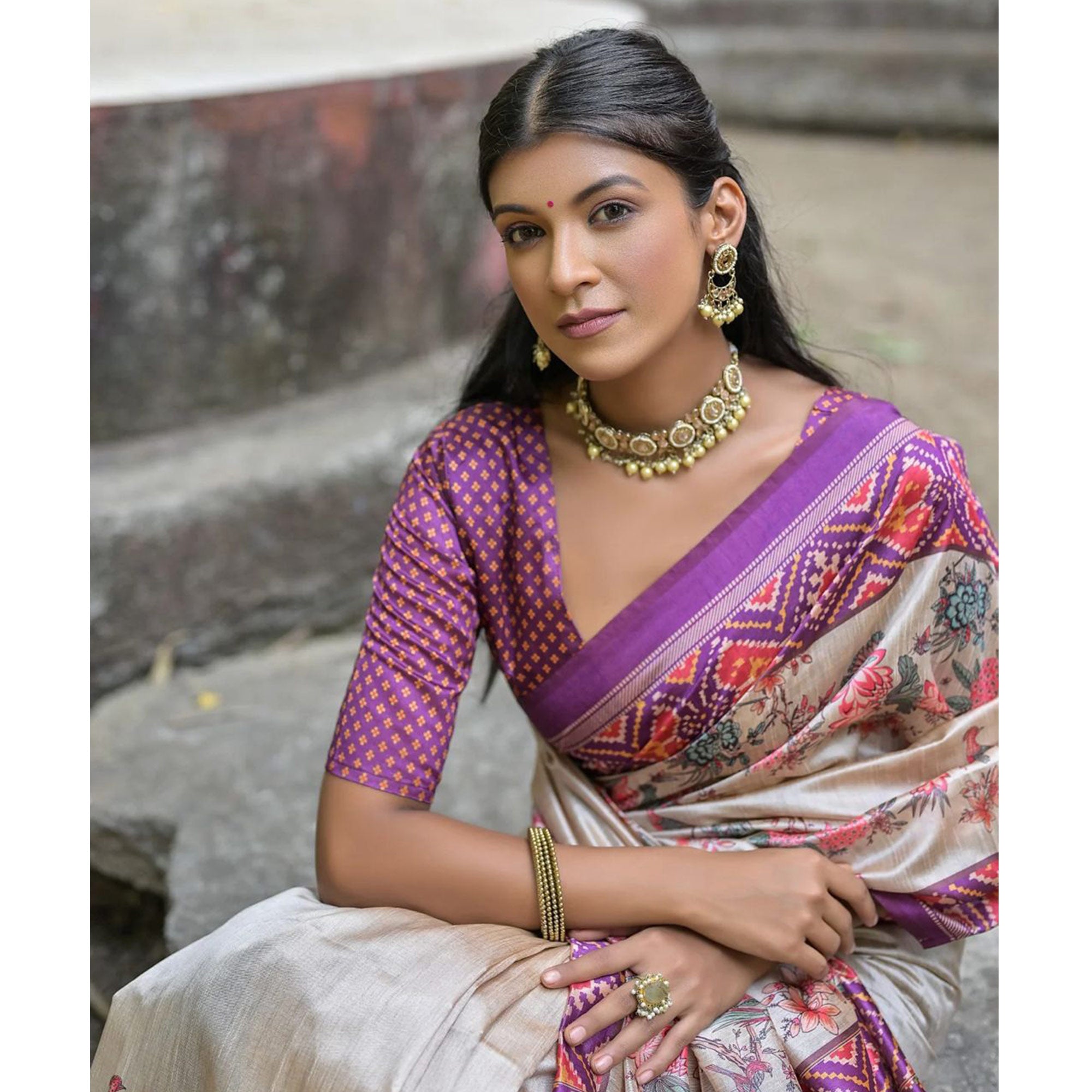 Beige & Purple Floral Printed Tussar Silk Saree