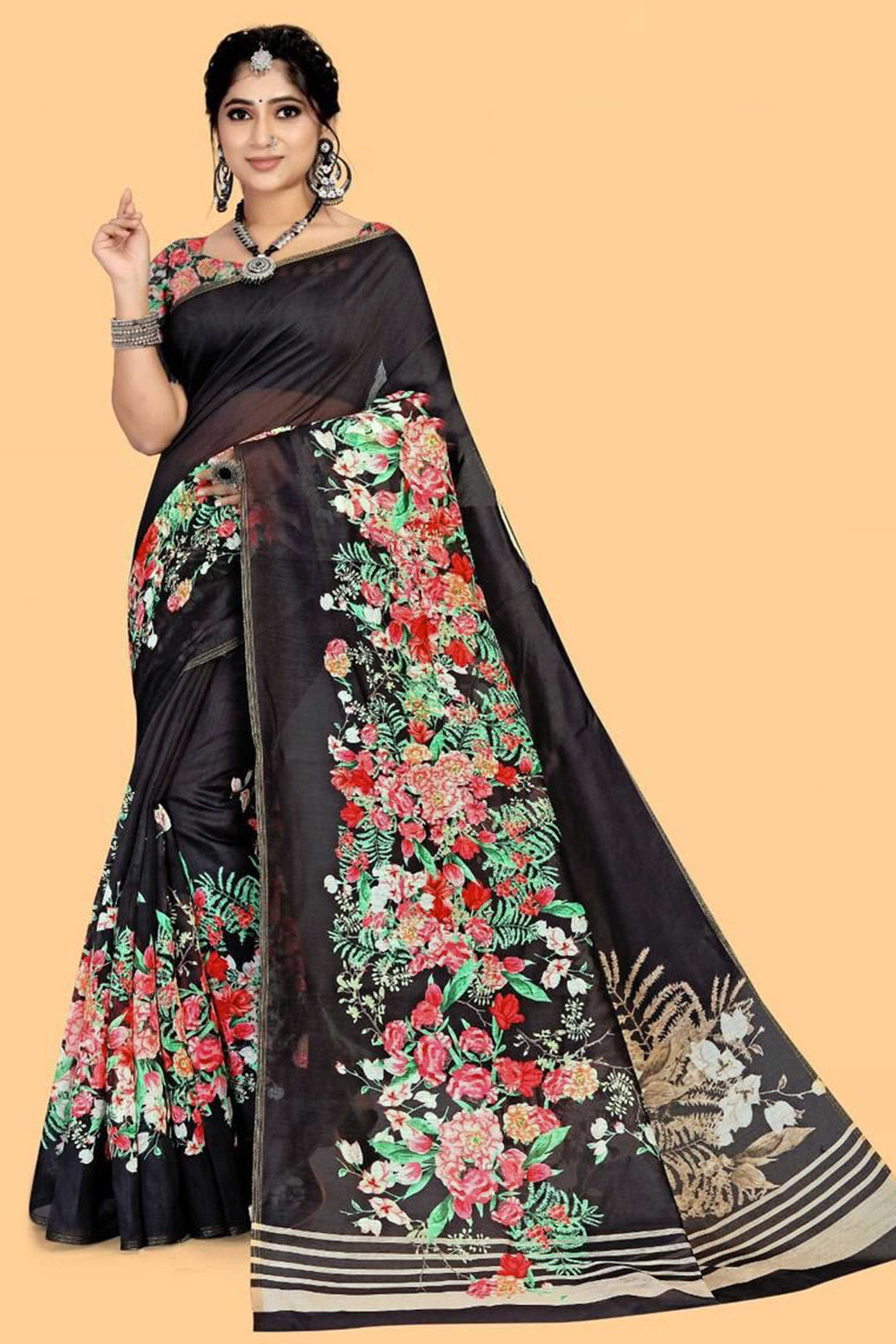 Black Floral Digital Printed Linen Saree