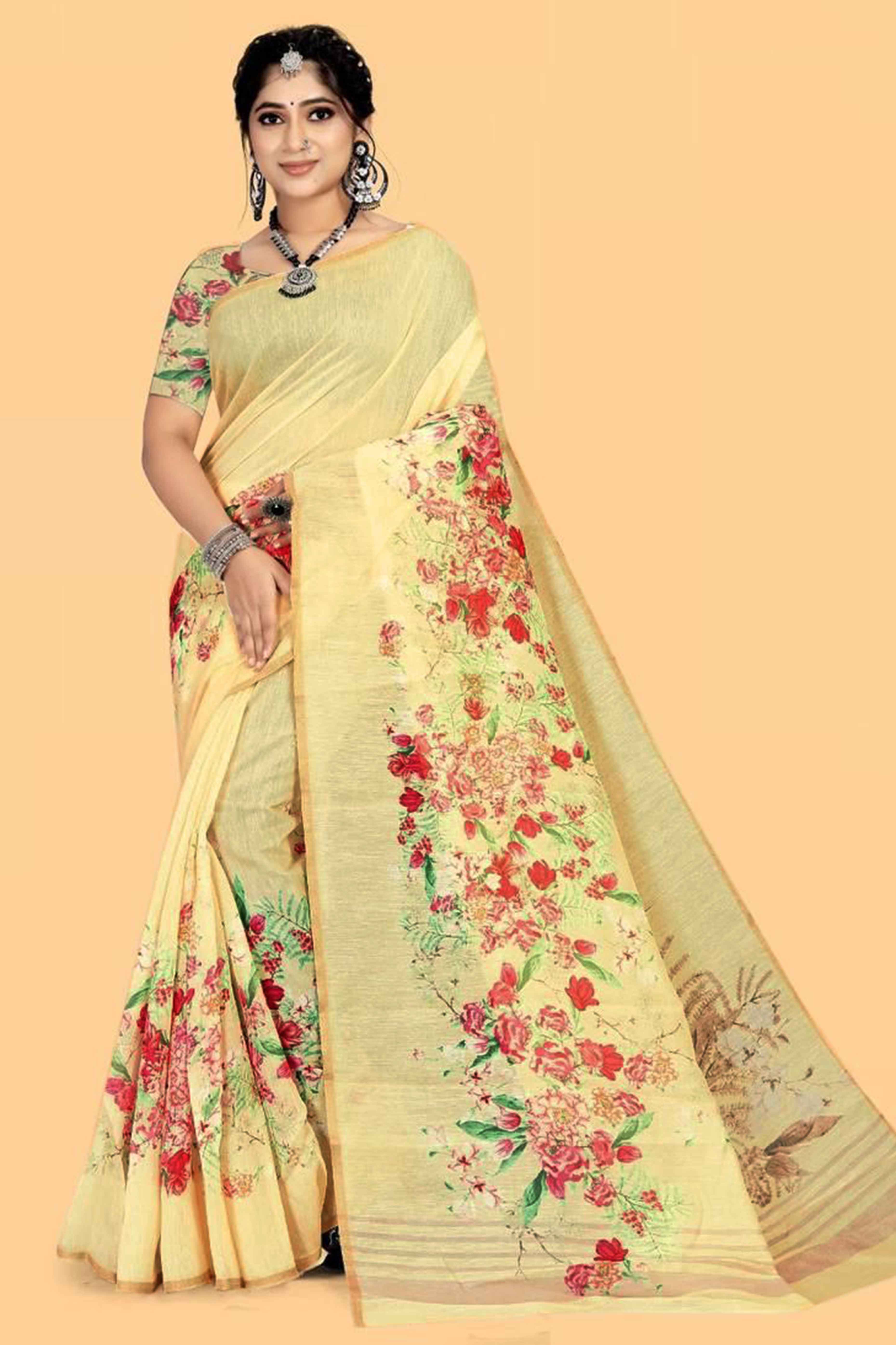 Light Yellow Floral Digital Printed Linen Saree