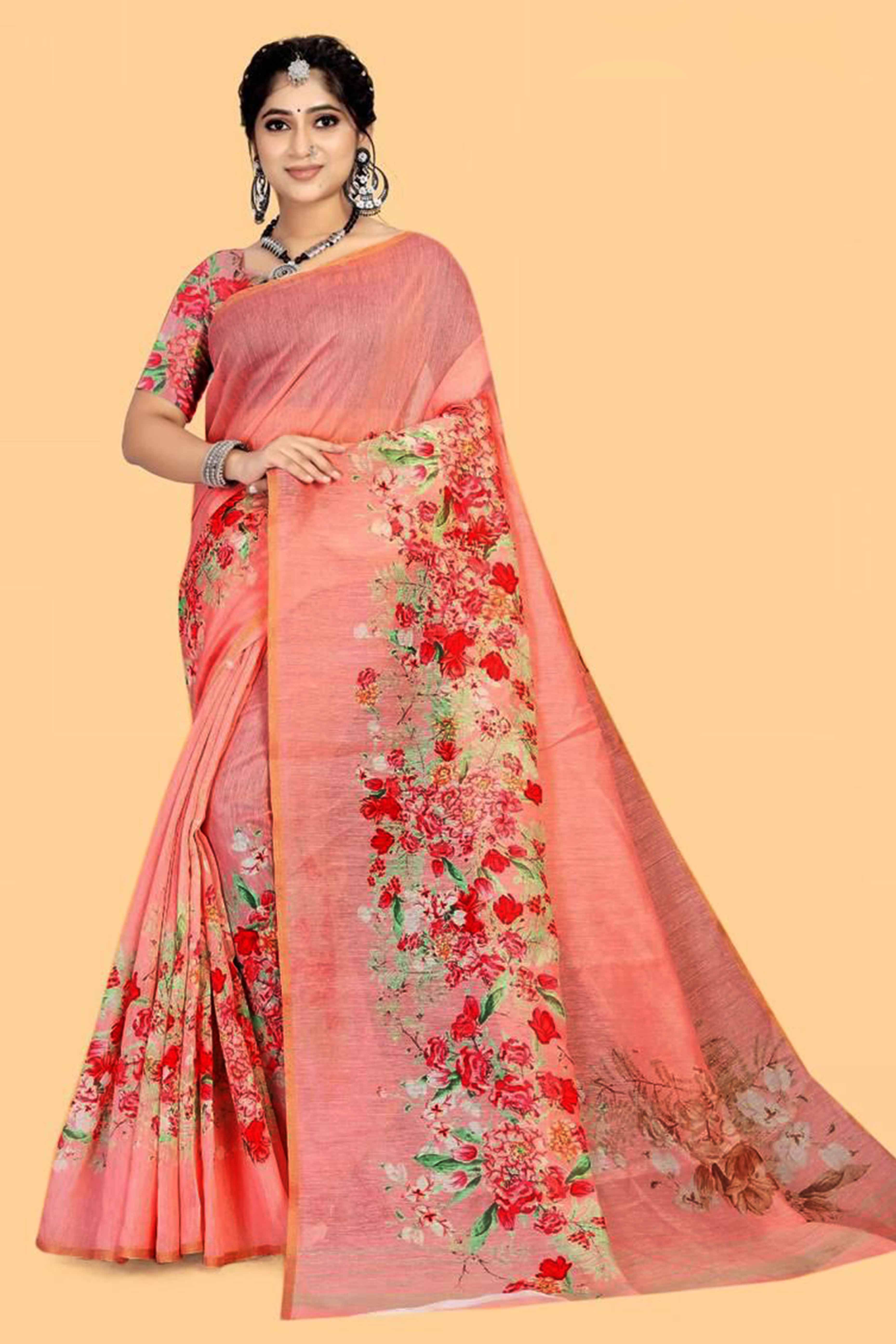 Peach Floral Digital Printed Linen Saree