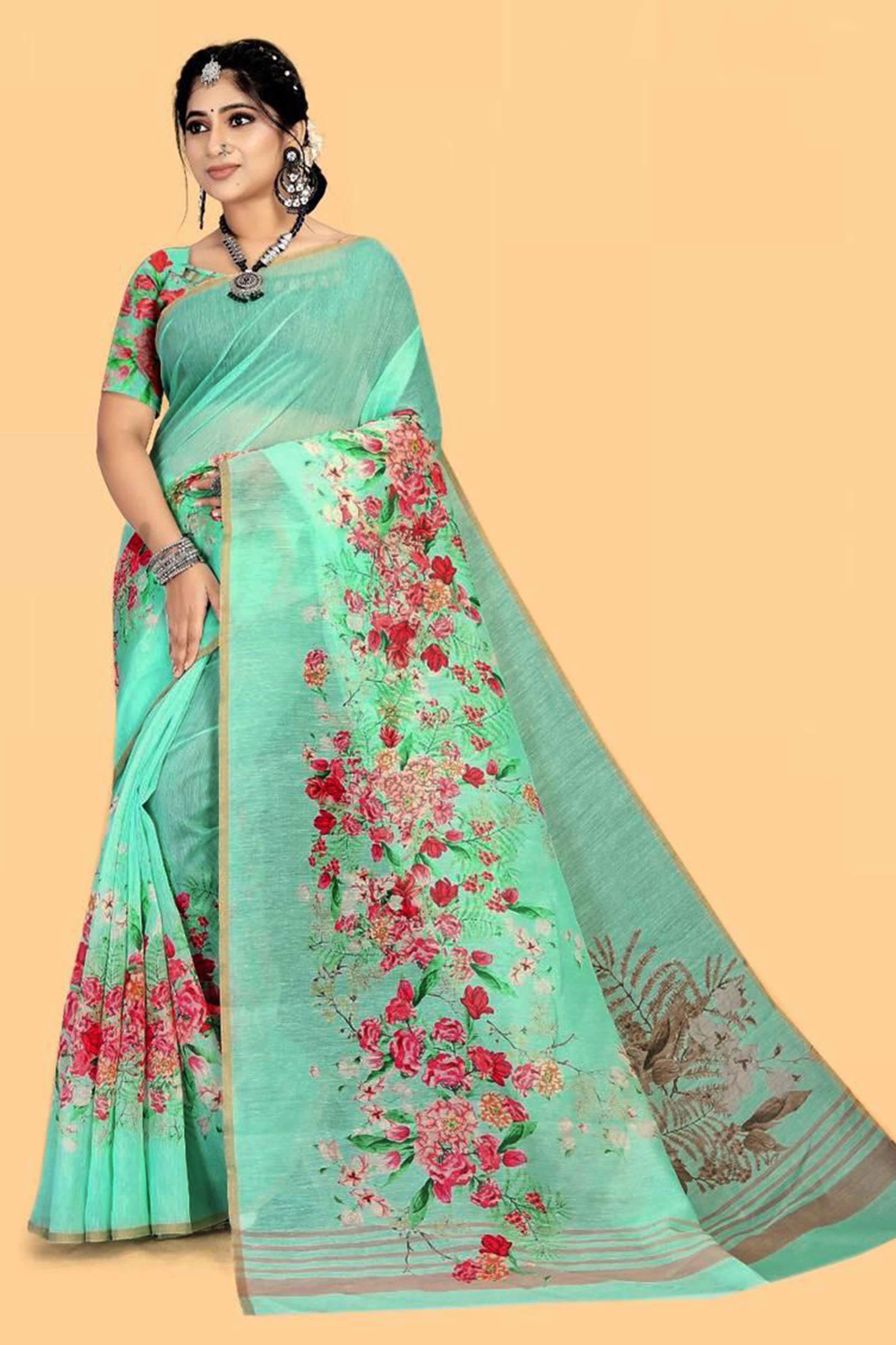 Turquoise Floral Digital Printed Linen Saree