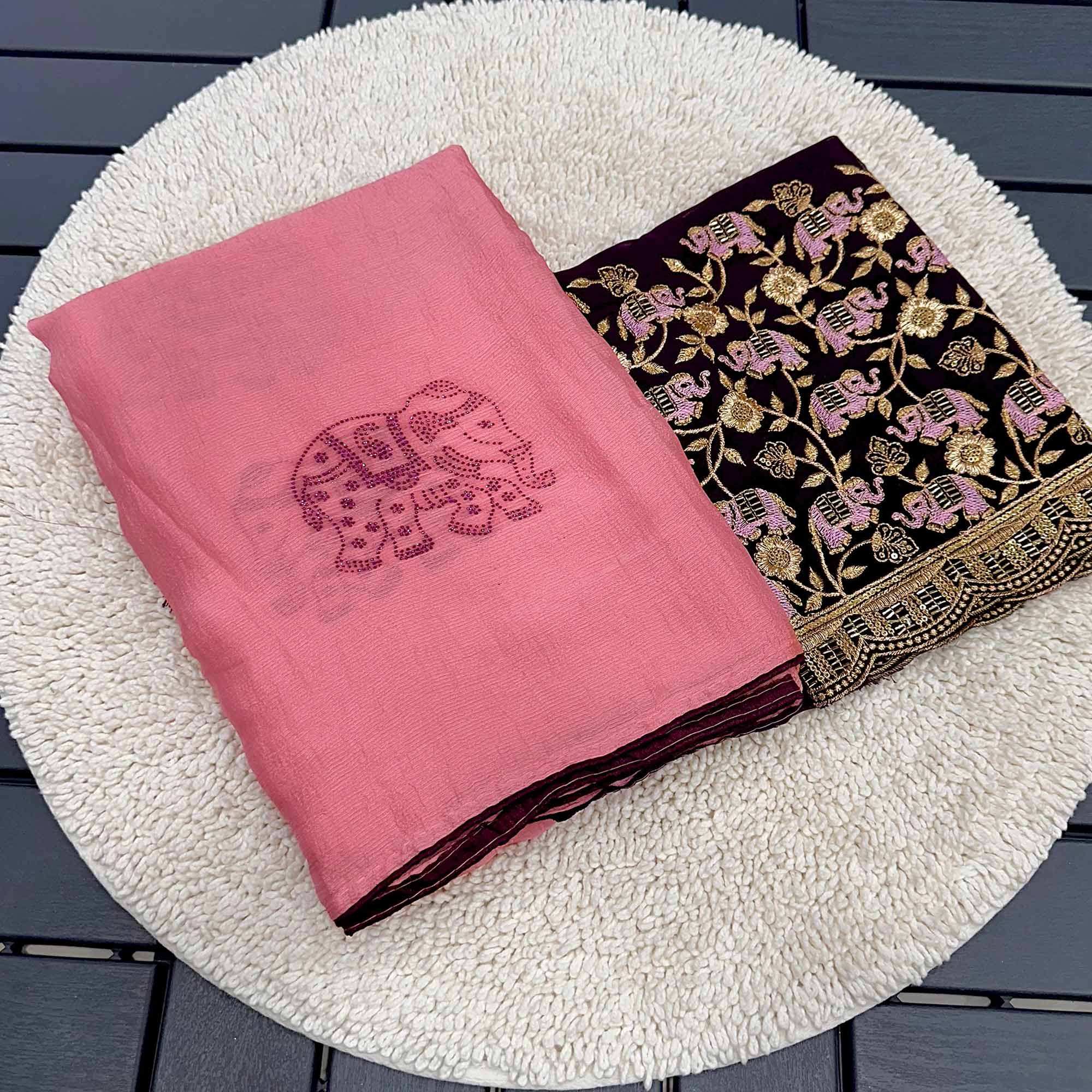 Pink Swarovski Embroidered Art Silk Saree