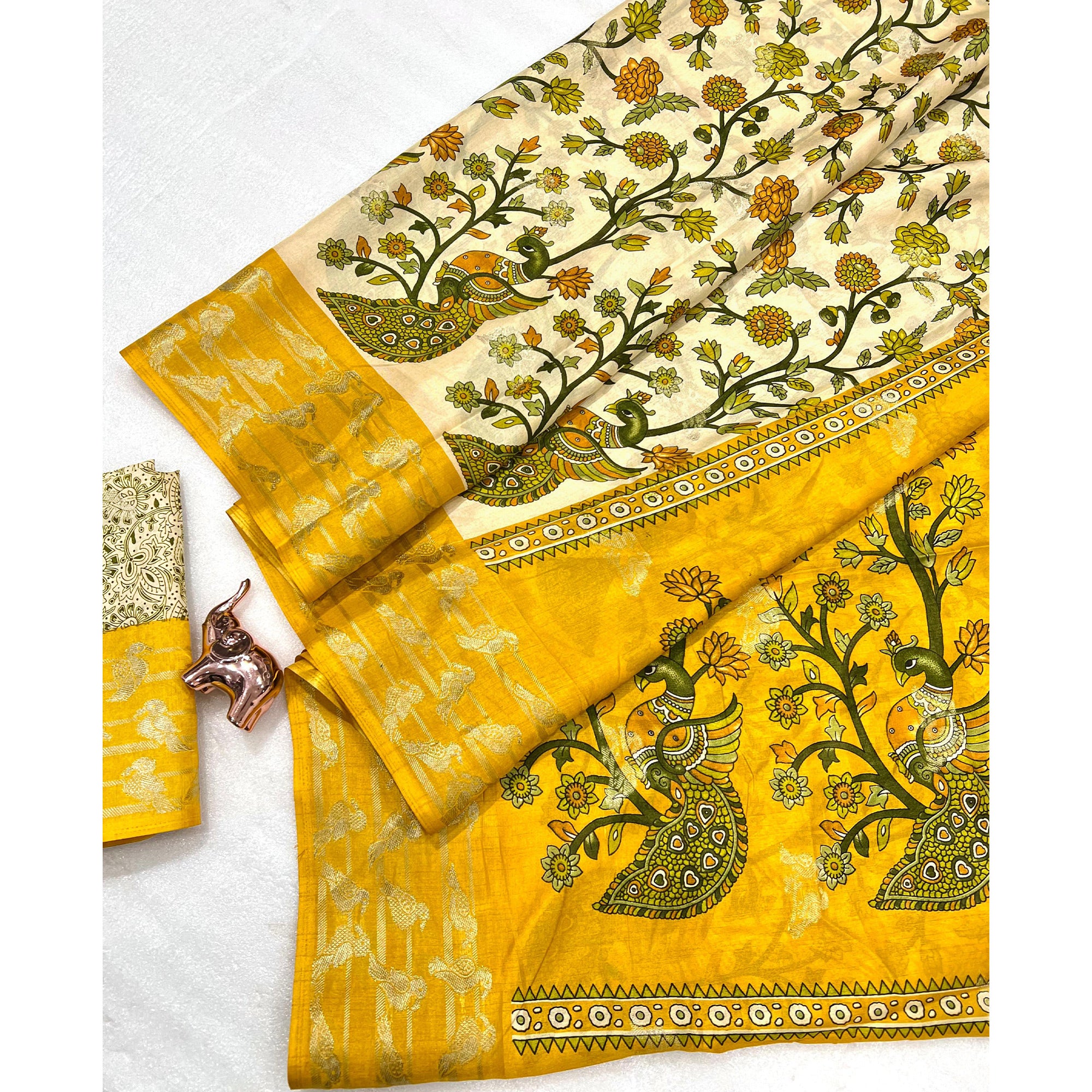 Elegant Cream & Yellow Cotton Blend Saree Adorned With Vibrant Peacock Floral Print