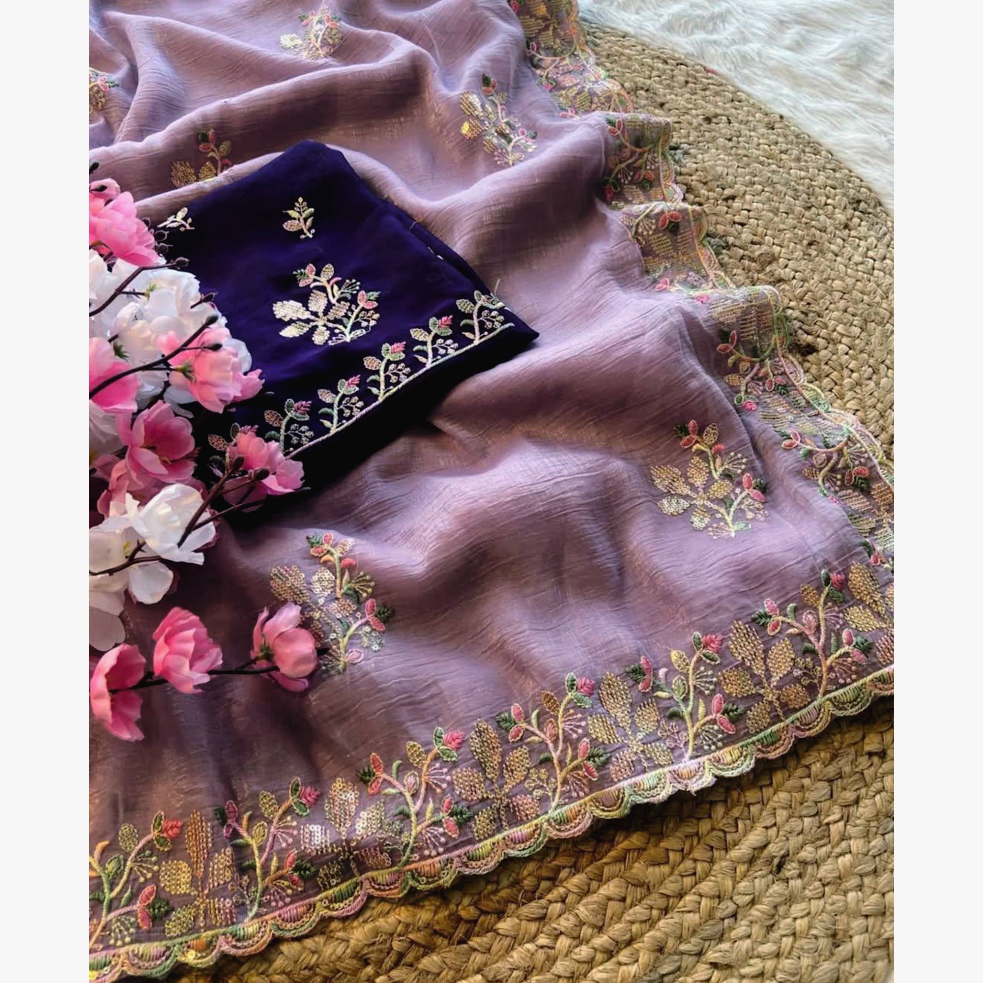Purple Floral Embroidered Crunchy Chiffon Saree