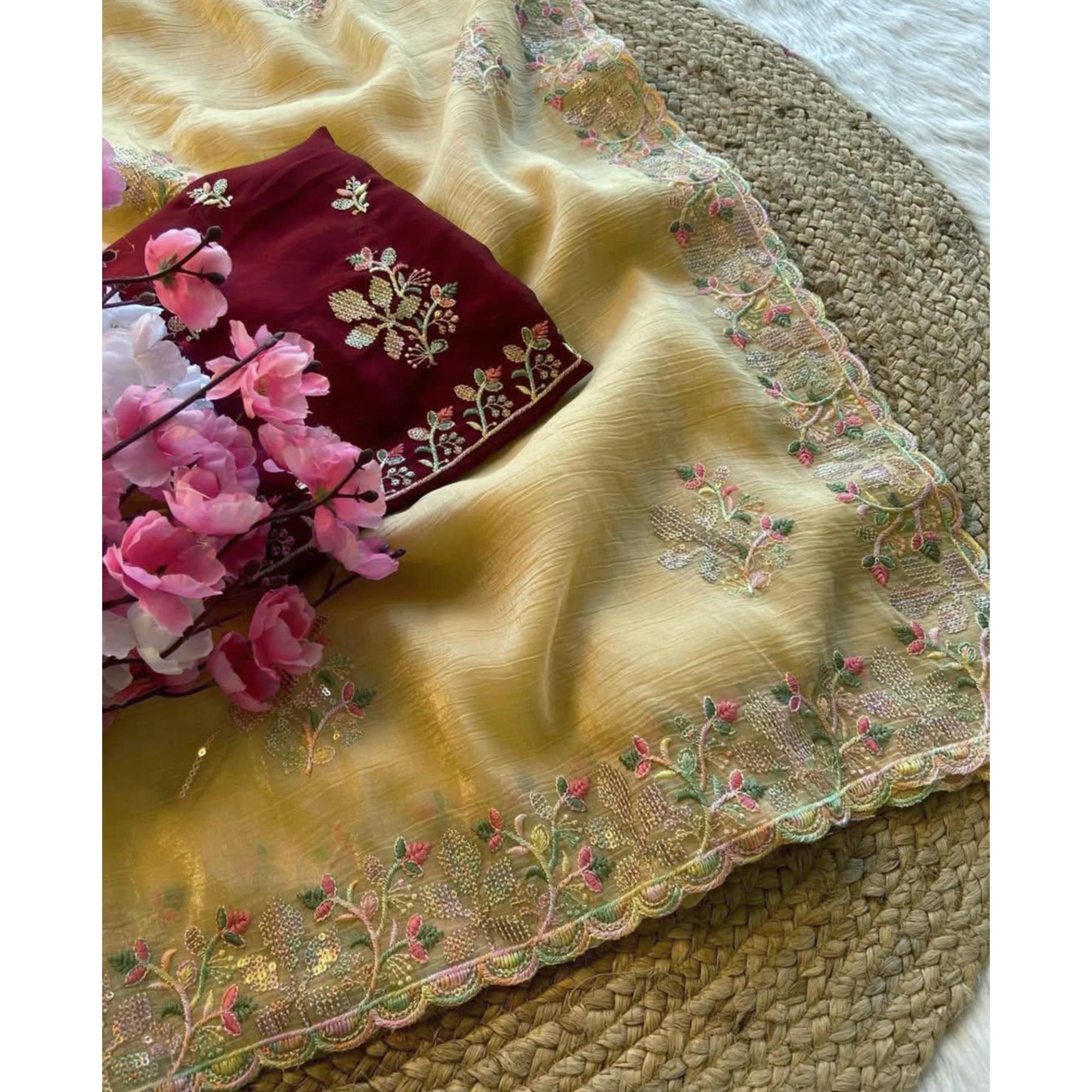 Yellow Floral Embroidered Crunchy Chiffon Saree