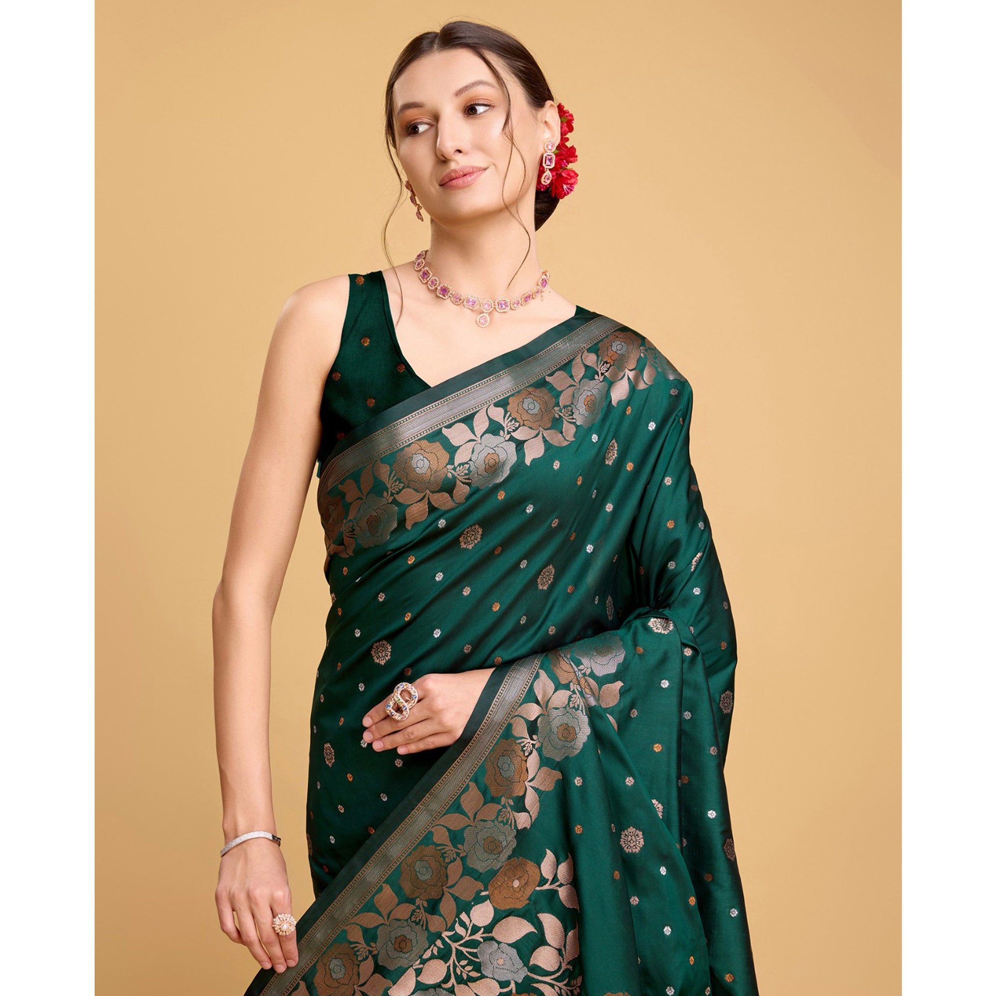 Green Floral Woven Banarasi Silk Saree