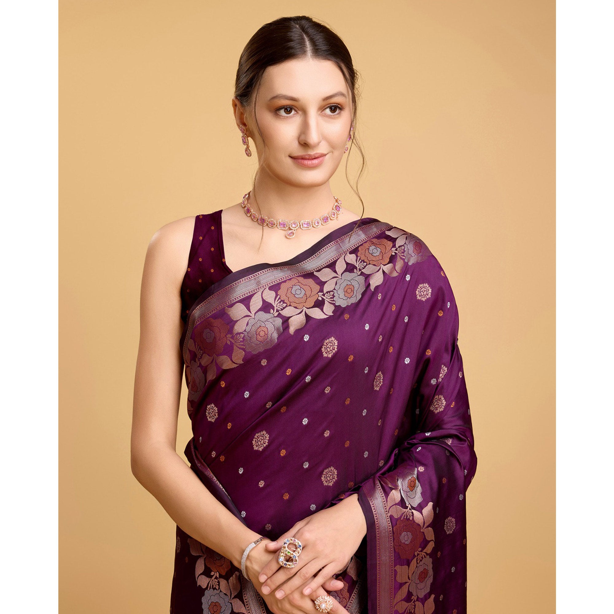 Purple Floral Woven Banarasi Silk Saree