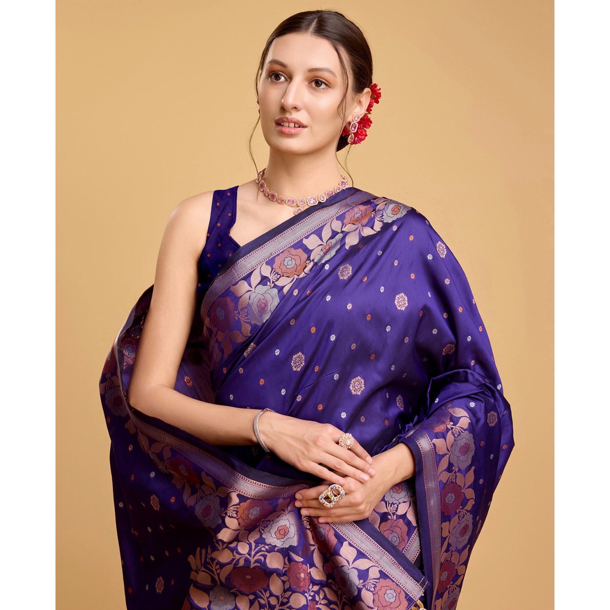 Violet Floral Woven Banarasi Silk Saree