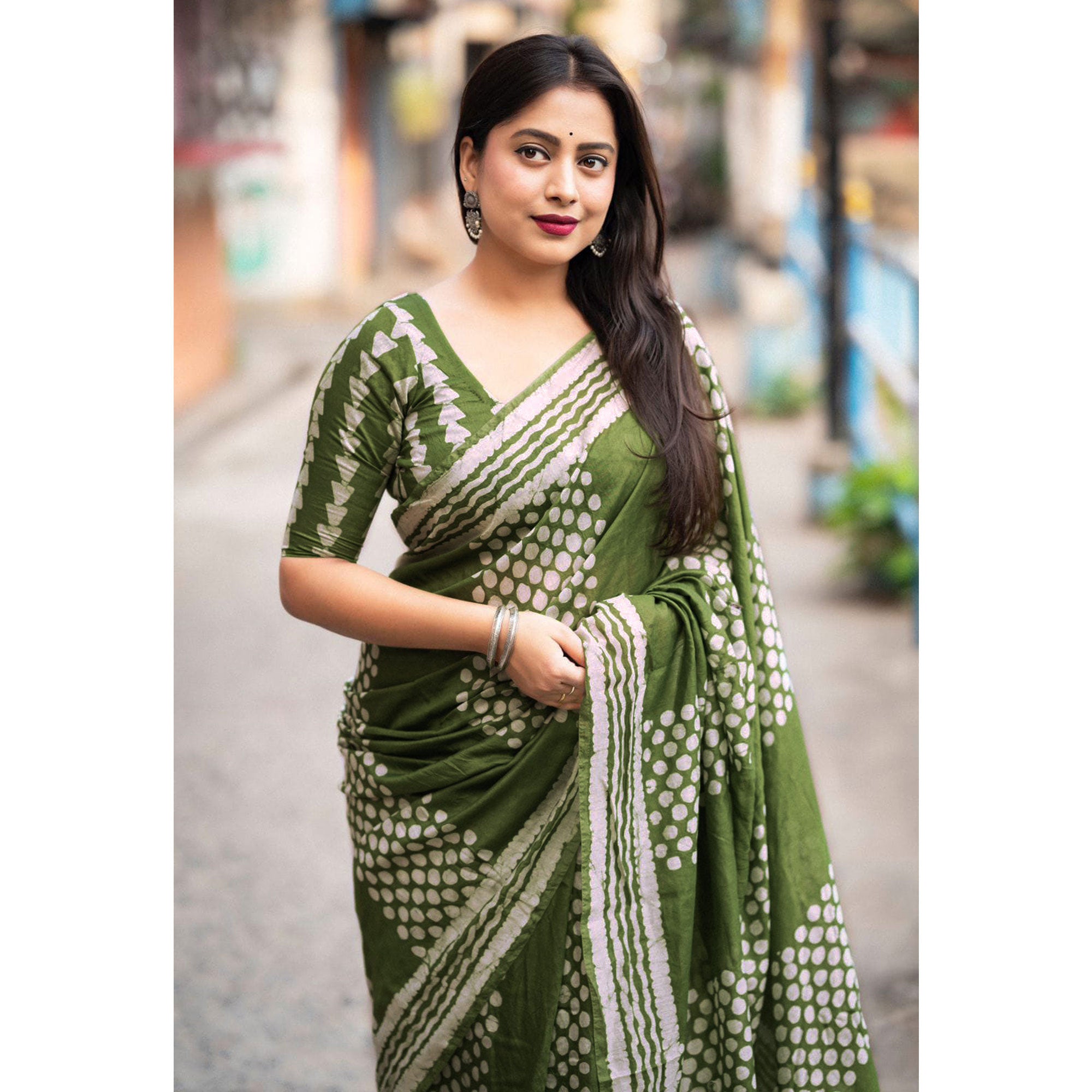 Green Printed Chanderi Saree With Tassels