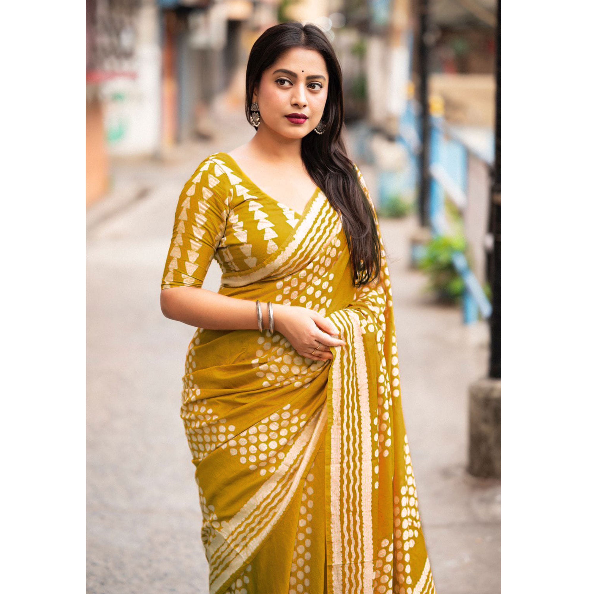 Mustard Printed Chanderi Saree With Tassels