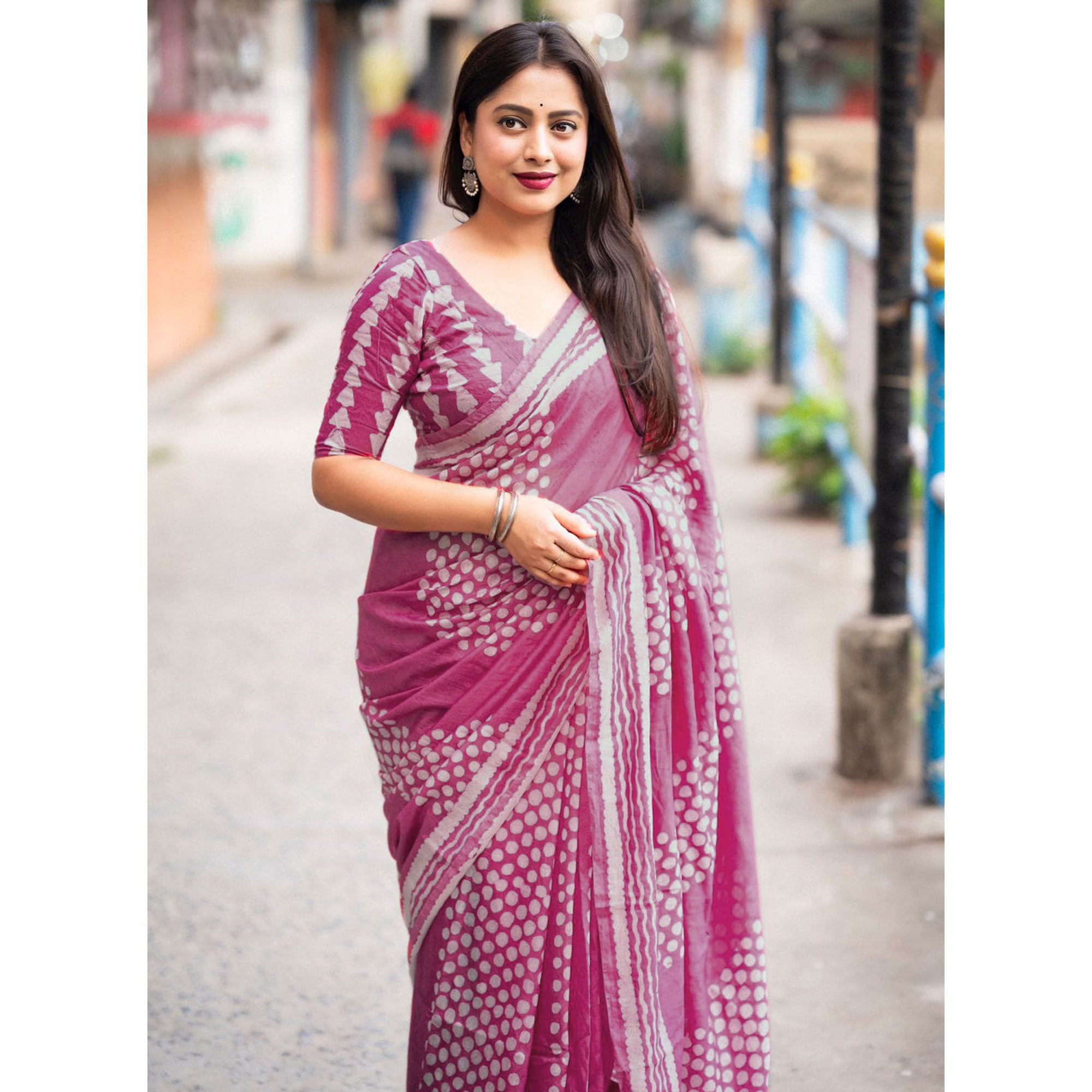 Pink Printed Chanderi Saree With Tassels