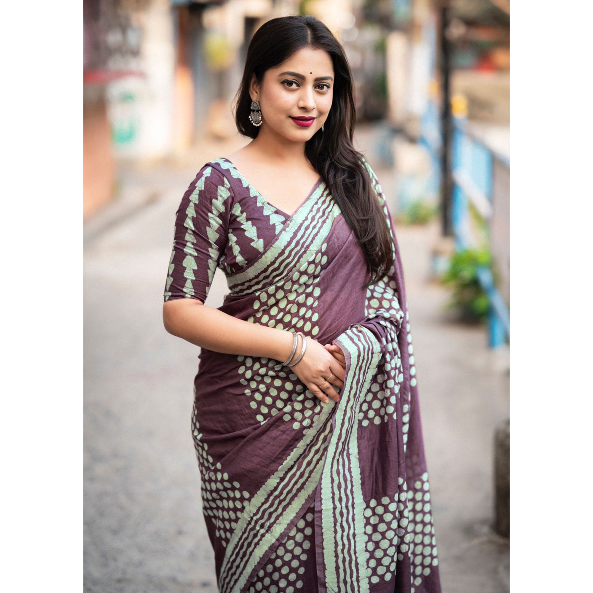 Purple Printed Chanderi Saree With Tassels