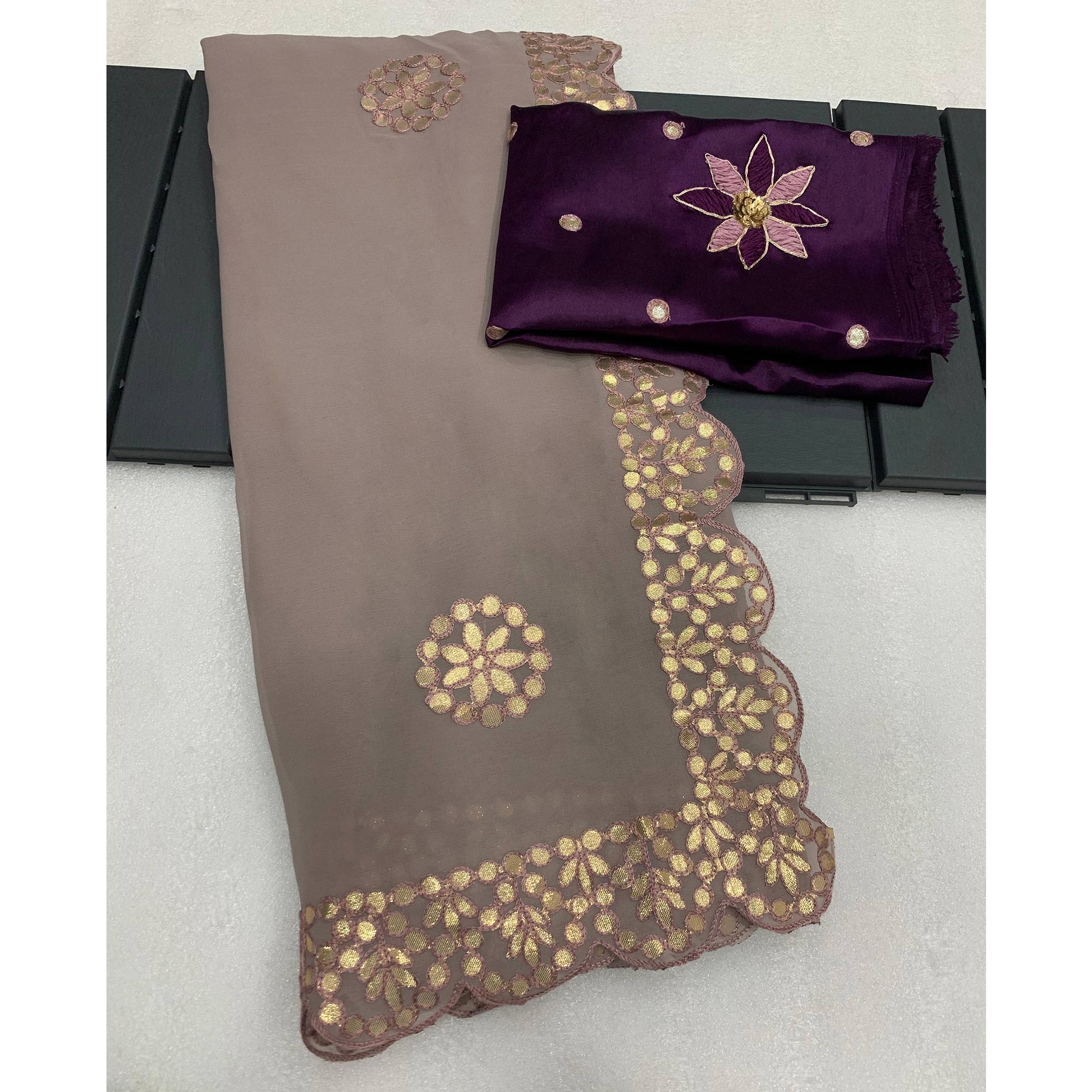 Grey Embroidered Georgette Saree With Gota Patti Work