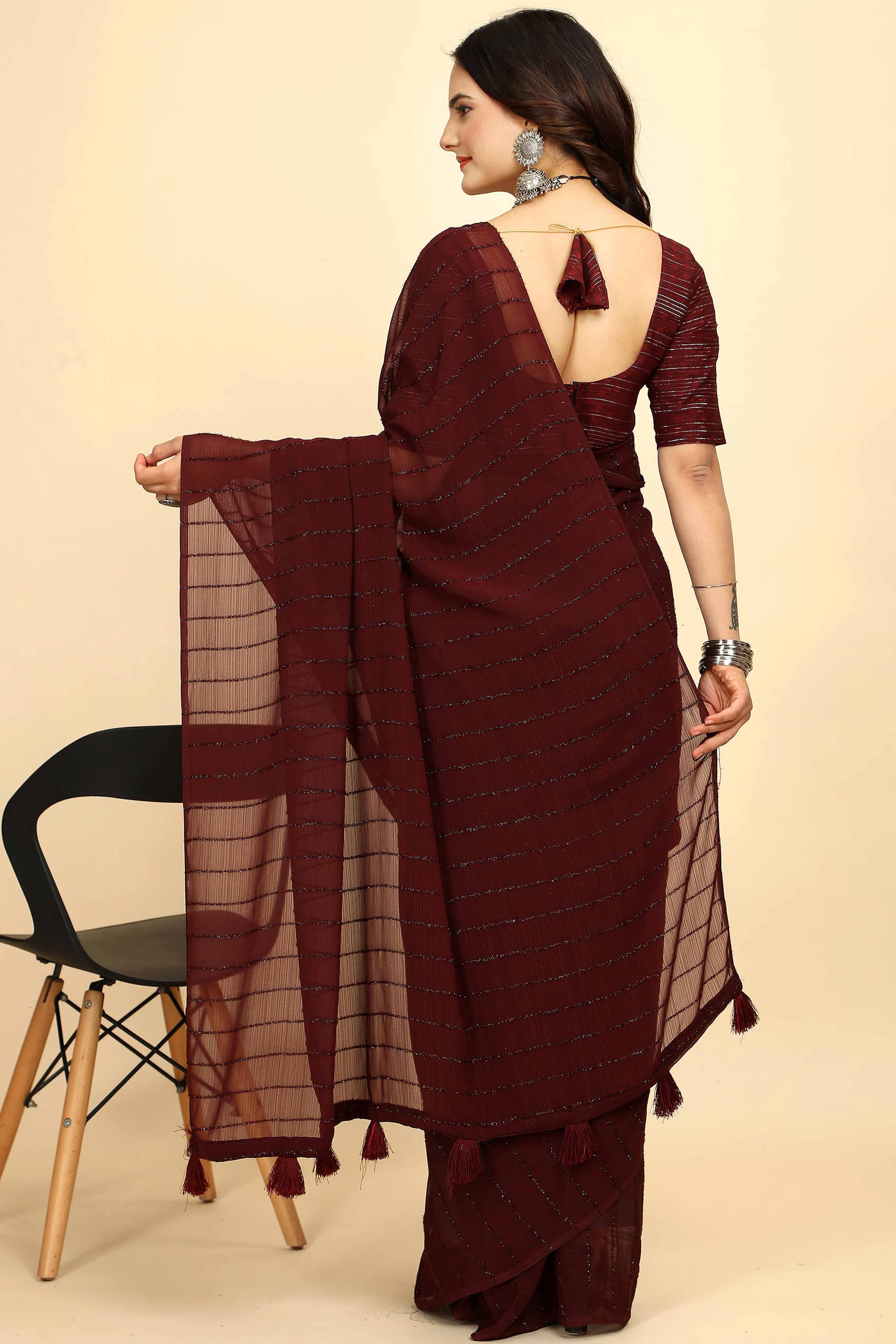 Dark Maroon Striped Zari Woven Chiffon Saree With Tassels