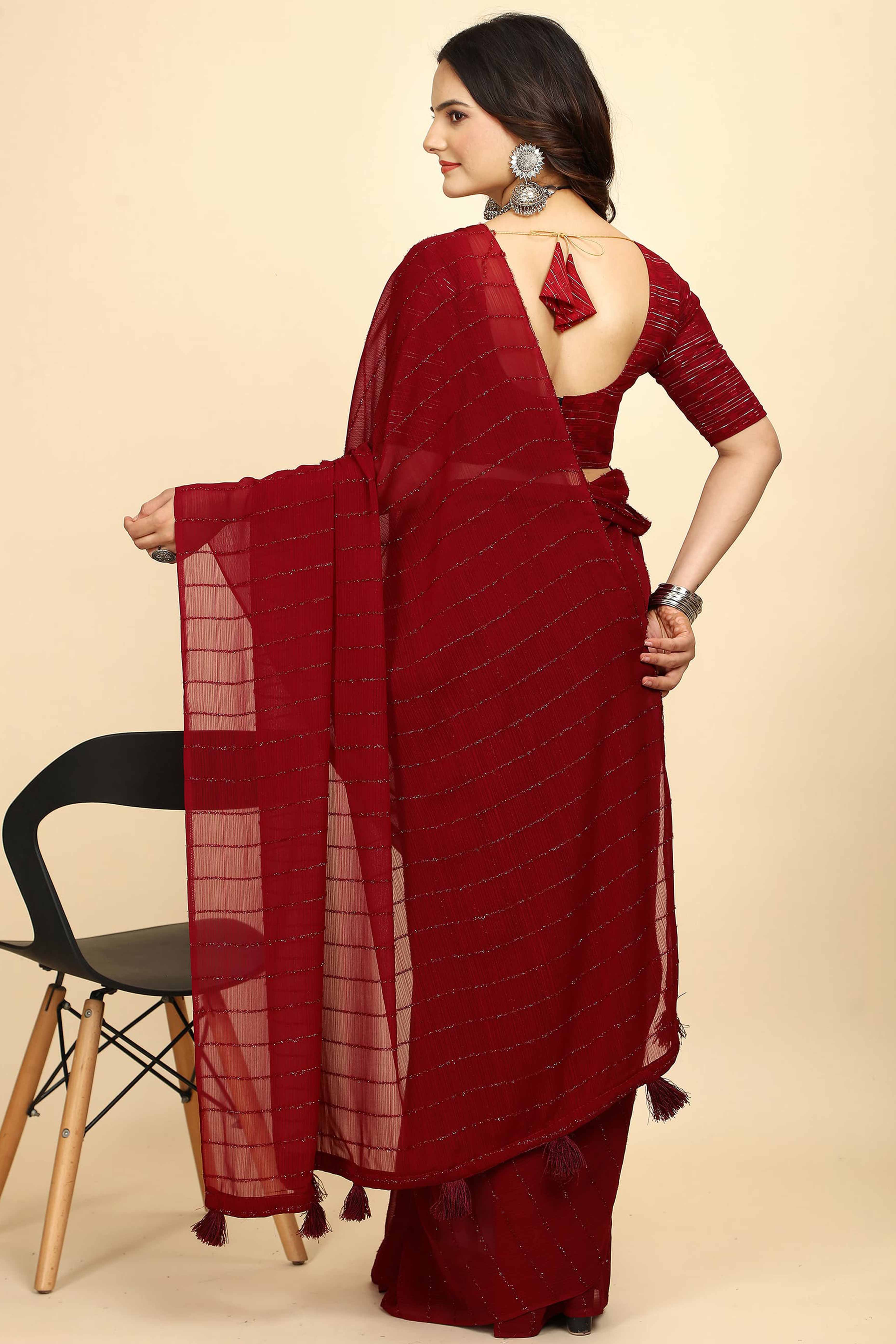 Dark Red Striped Zari Woven Chiffon Saree With Tassels