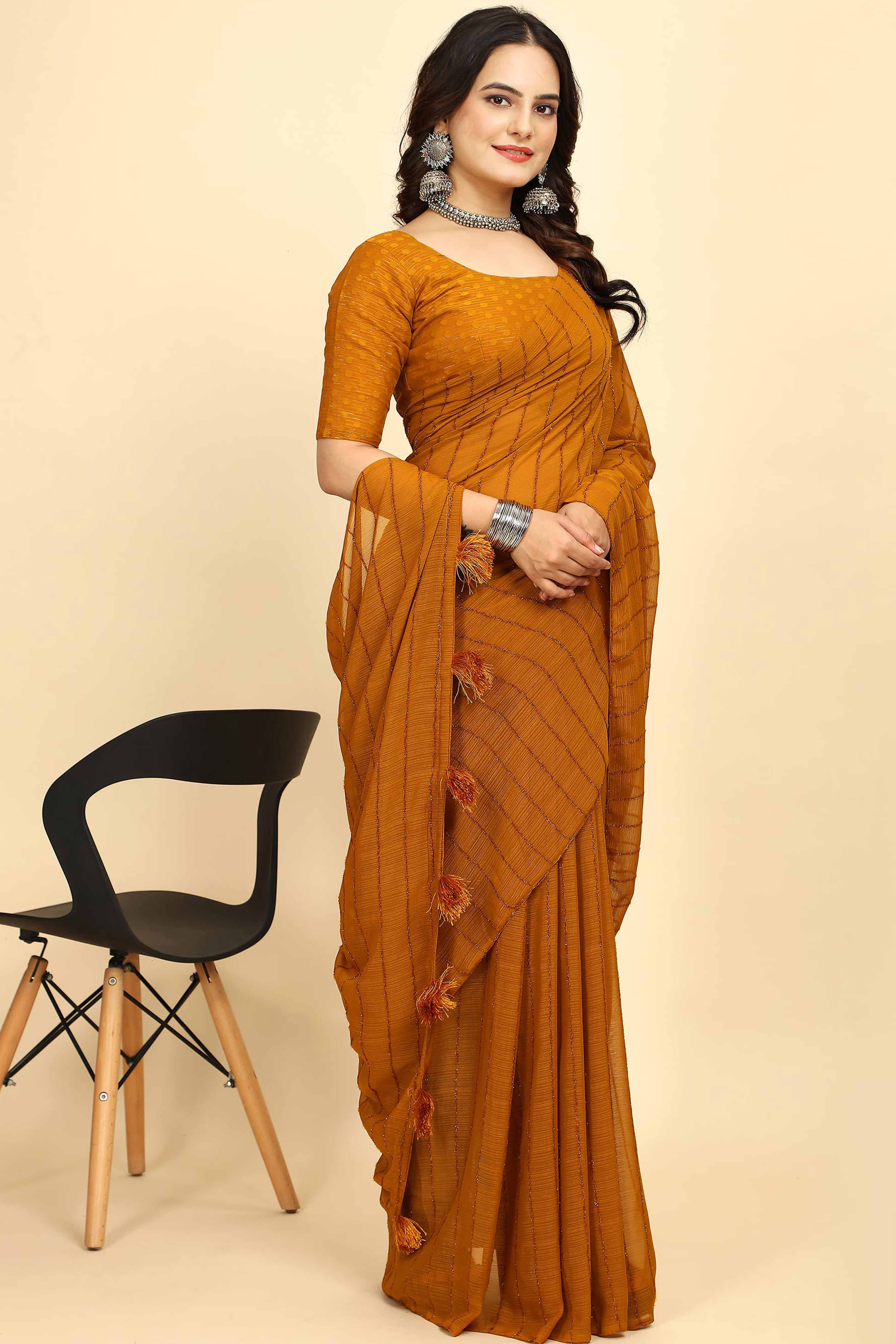 Mustard Striped Zari Woven Chiffon Saree With Tassels