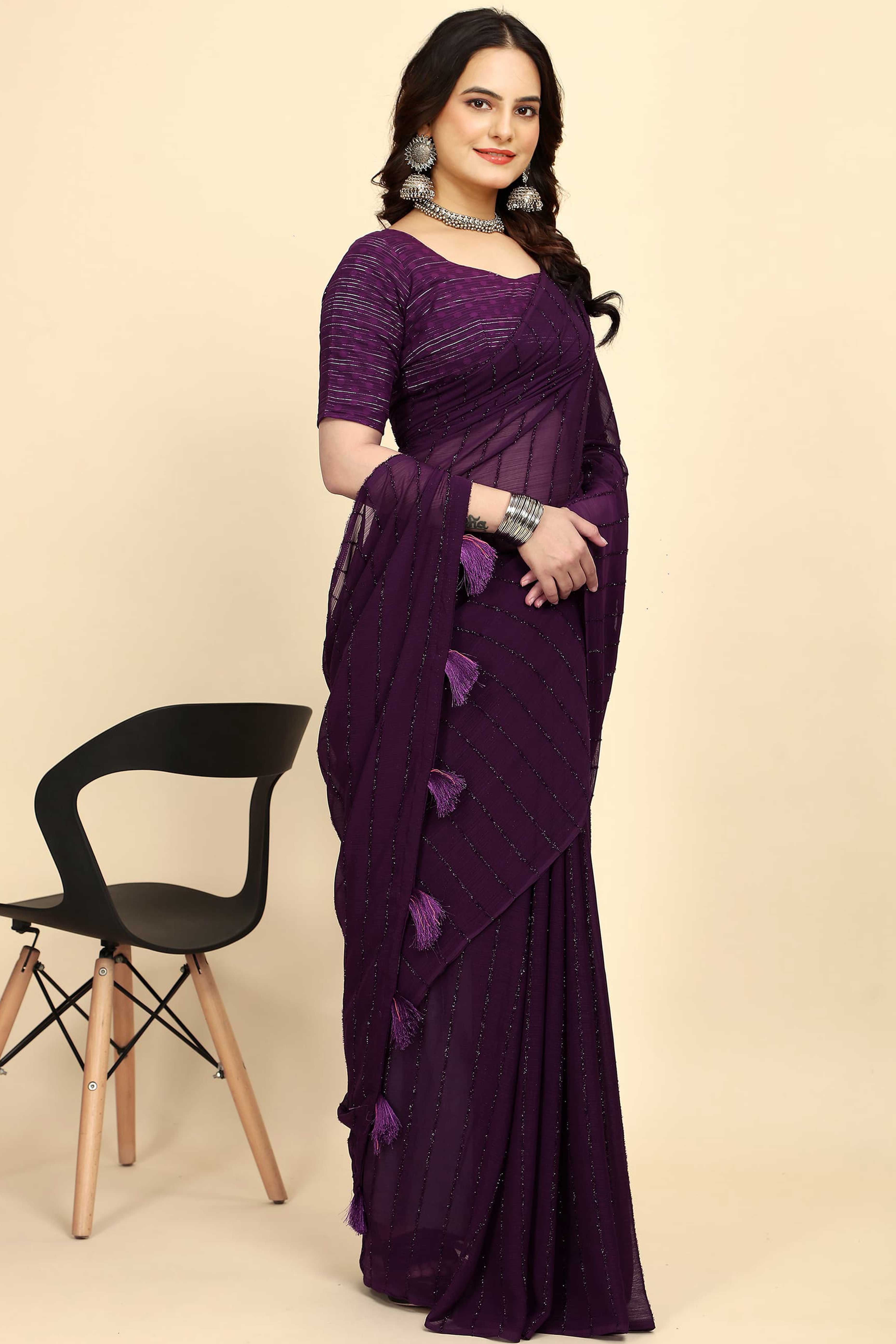 Purple Striped Zari Woven Chiffon Saree With Tassels