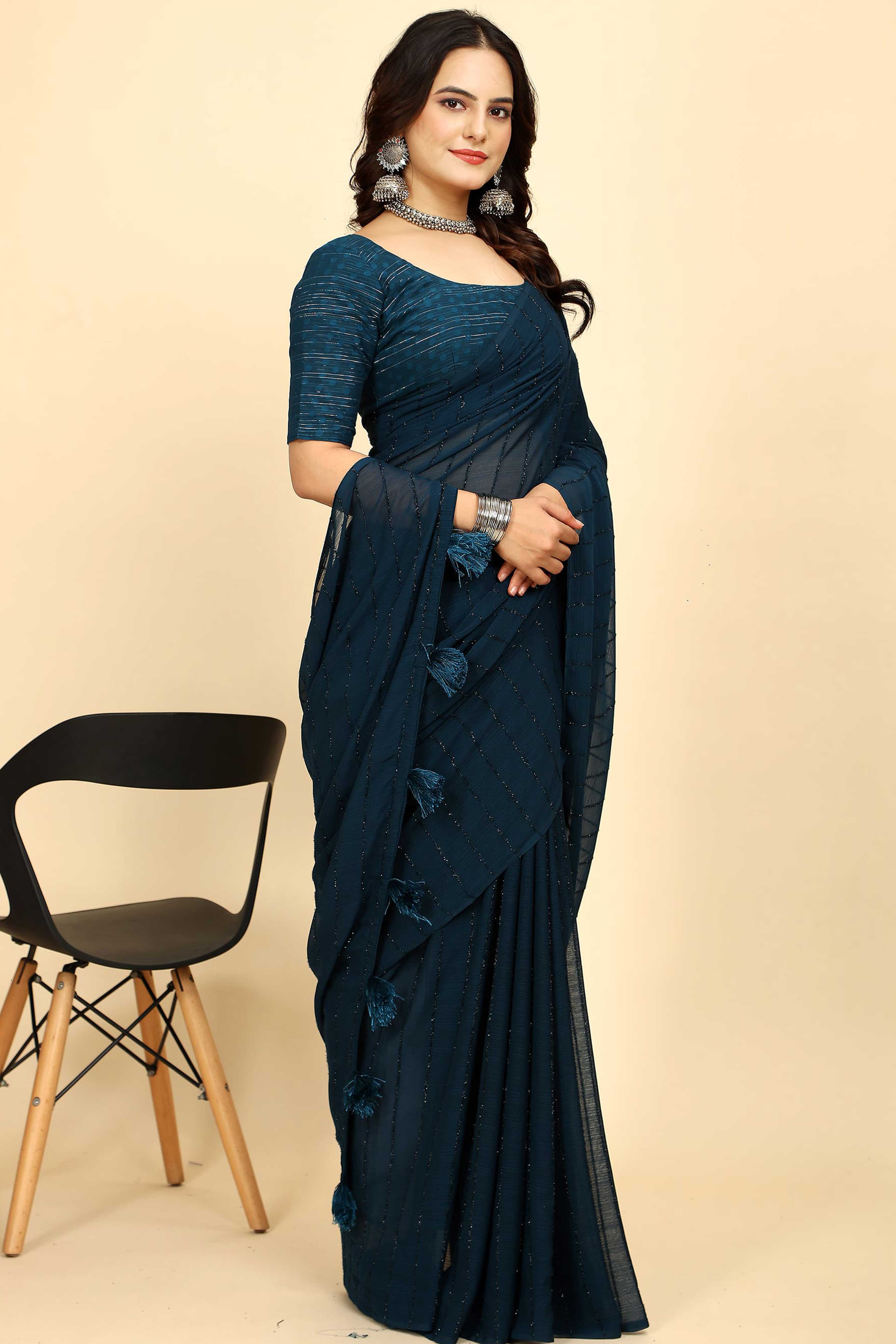 Teal Striped Zari Woven Chiffon Saree With Tassels