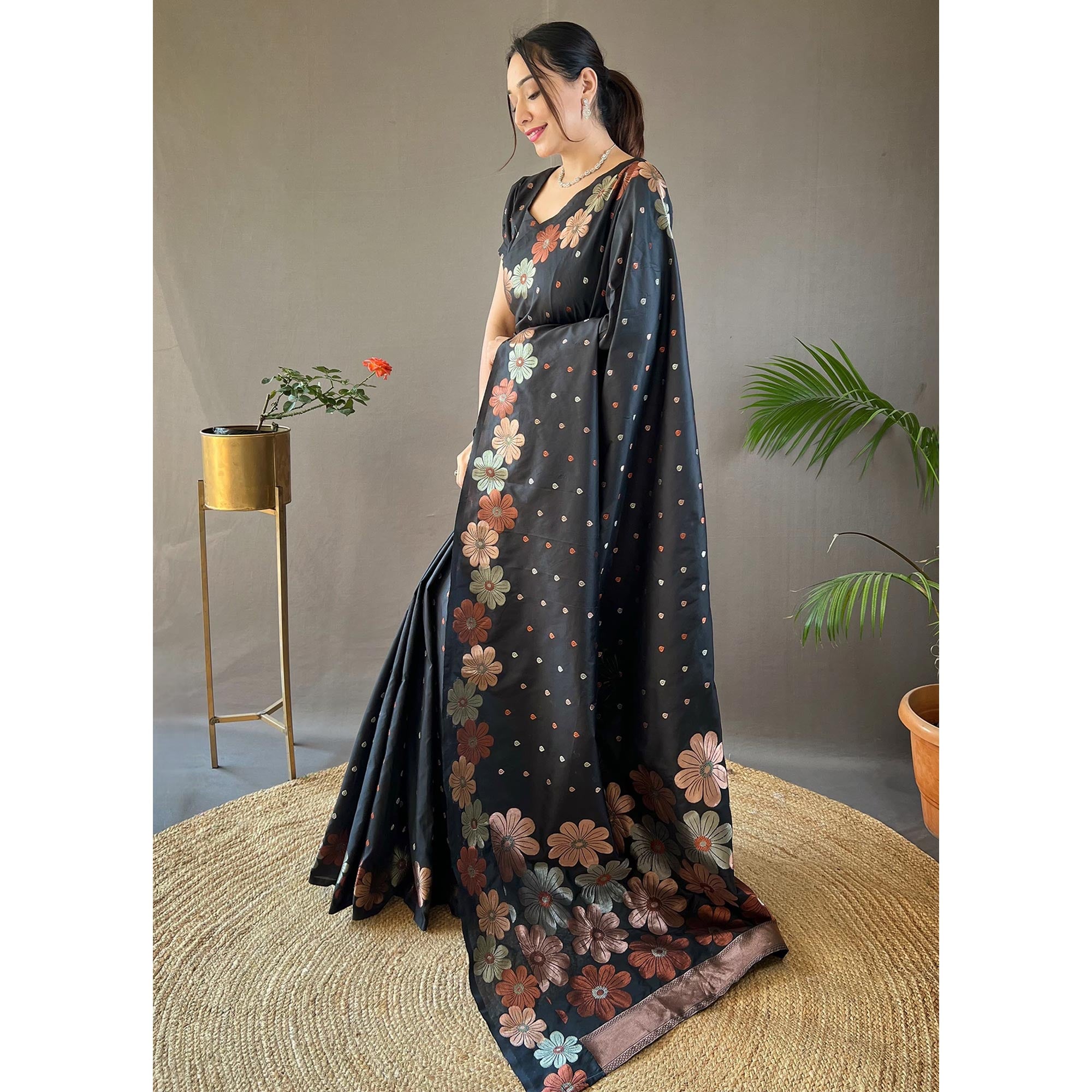 Black Floral Zari Woven Pure Silk Saree
