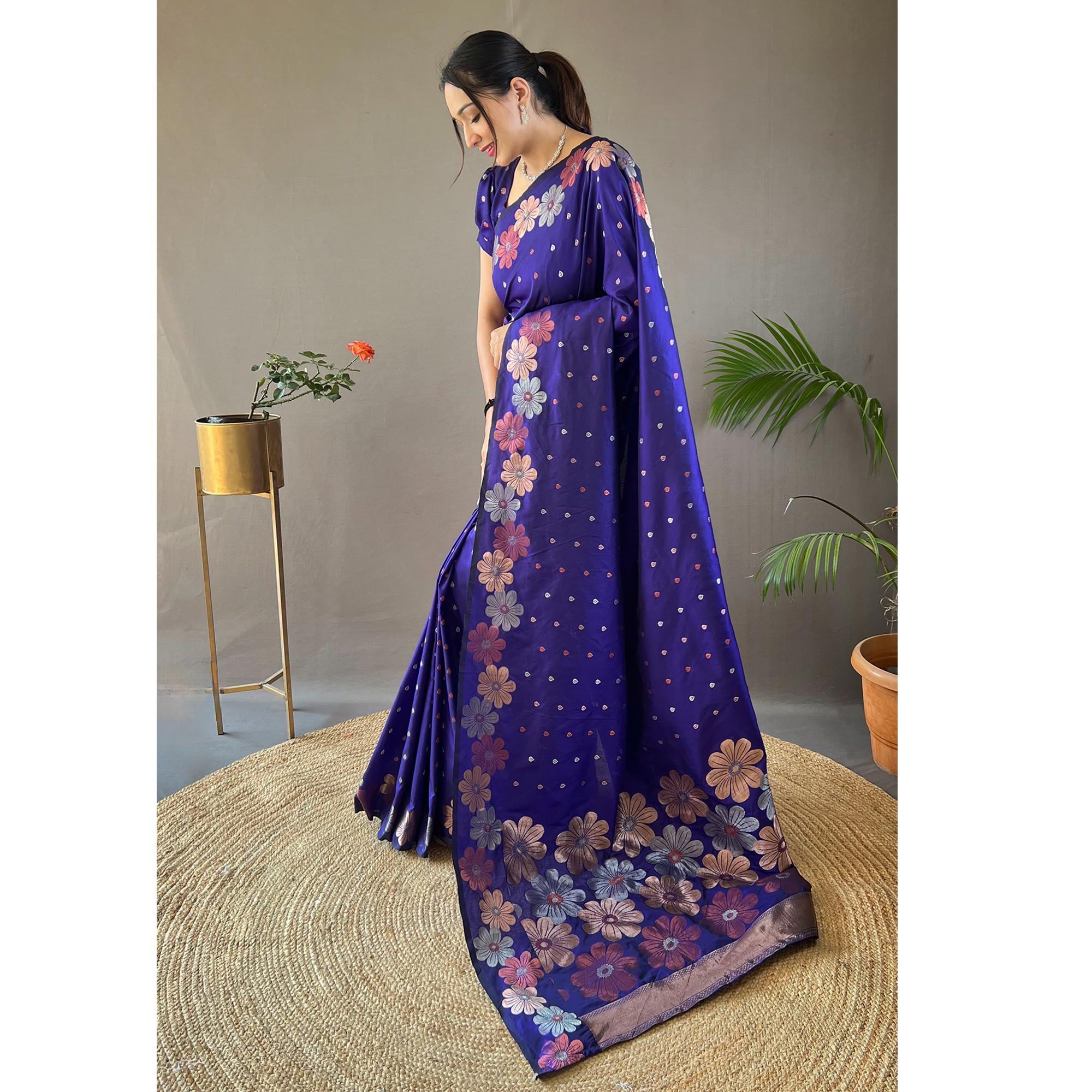 Navy Blue Floral Zari Woven Pure Silk Saree