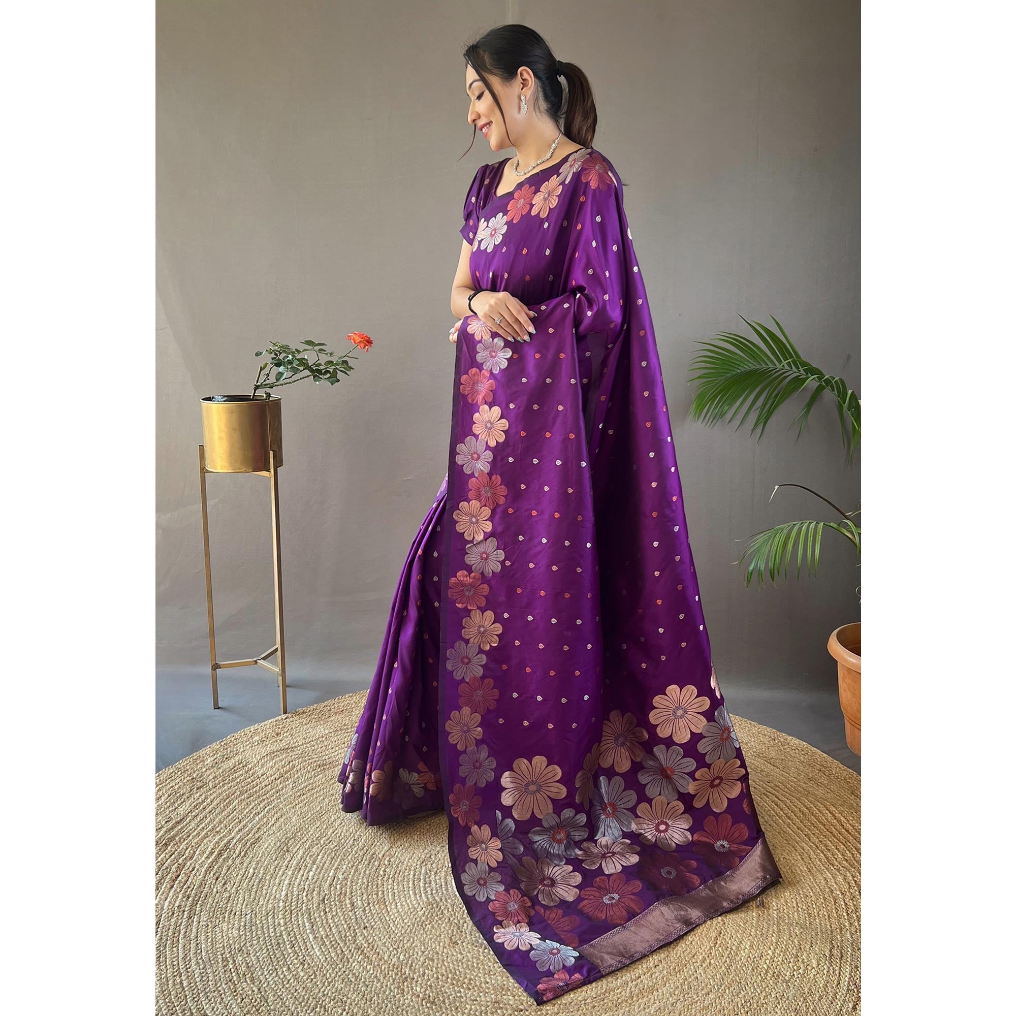 Purple Floral Zari Woven Pure Silk Saree