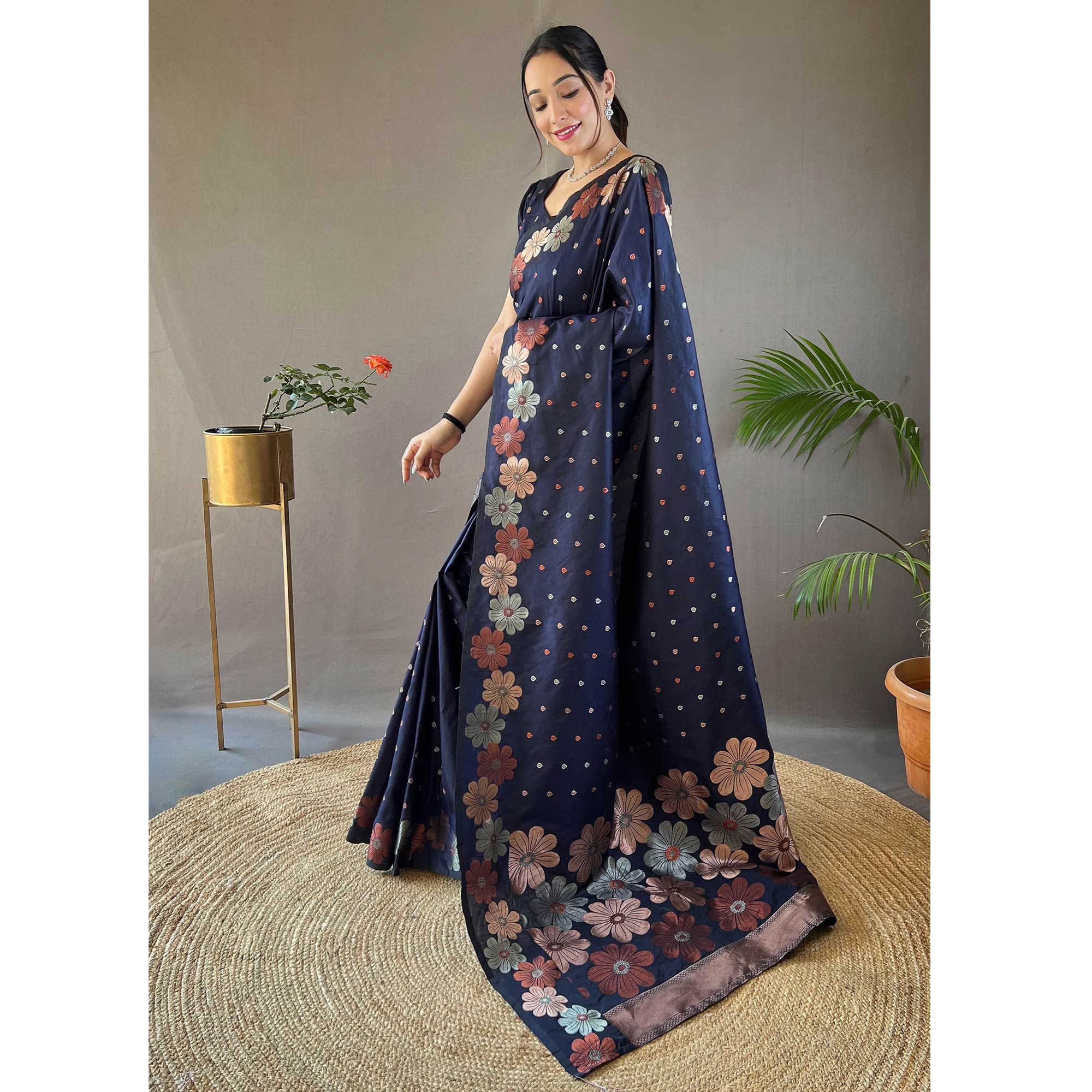 Royal Blue Floral Zari Woven Pure Silk Saree