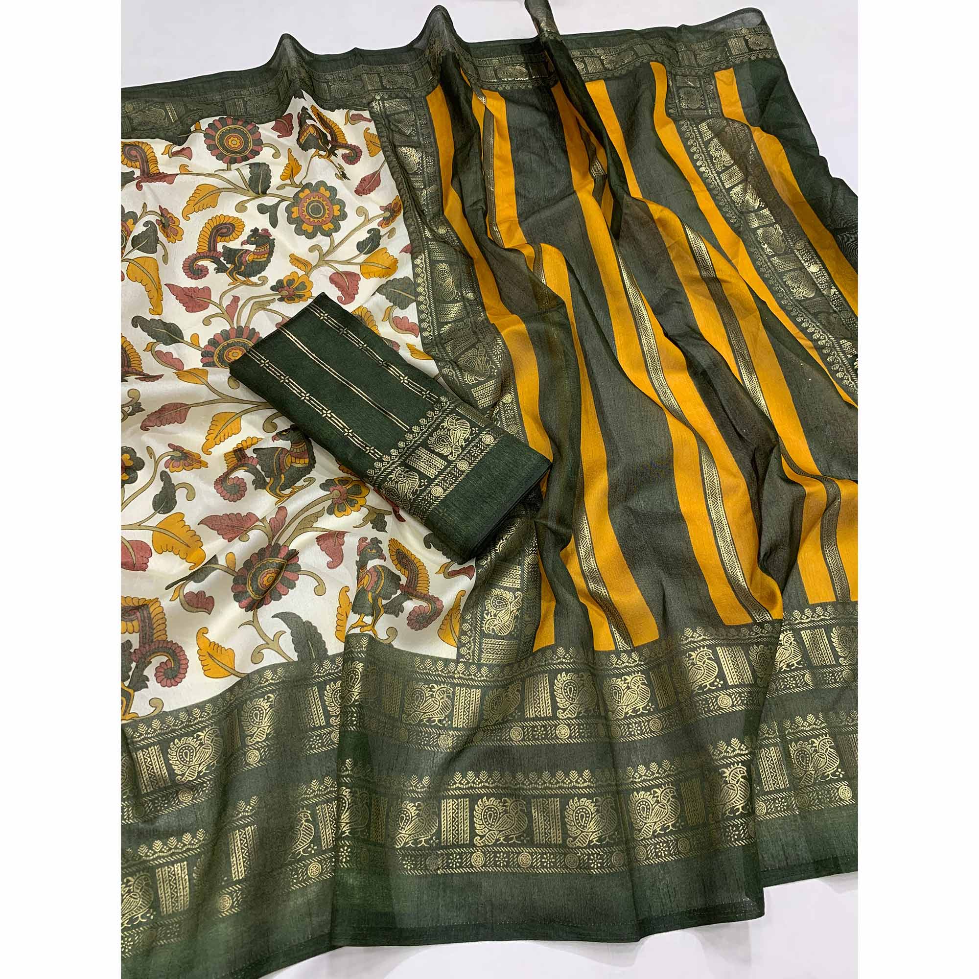 Green Floral Printed Dola Silk Saree