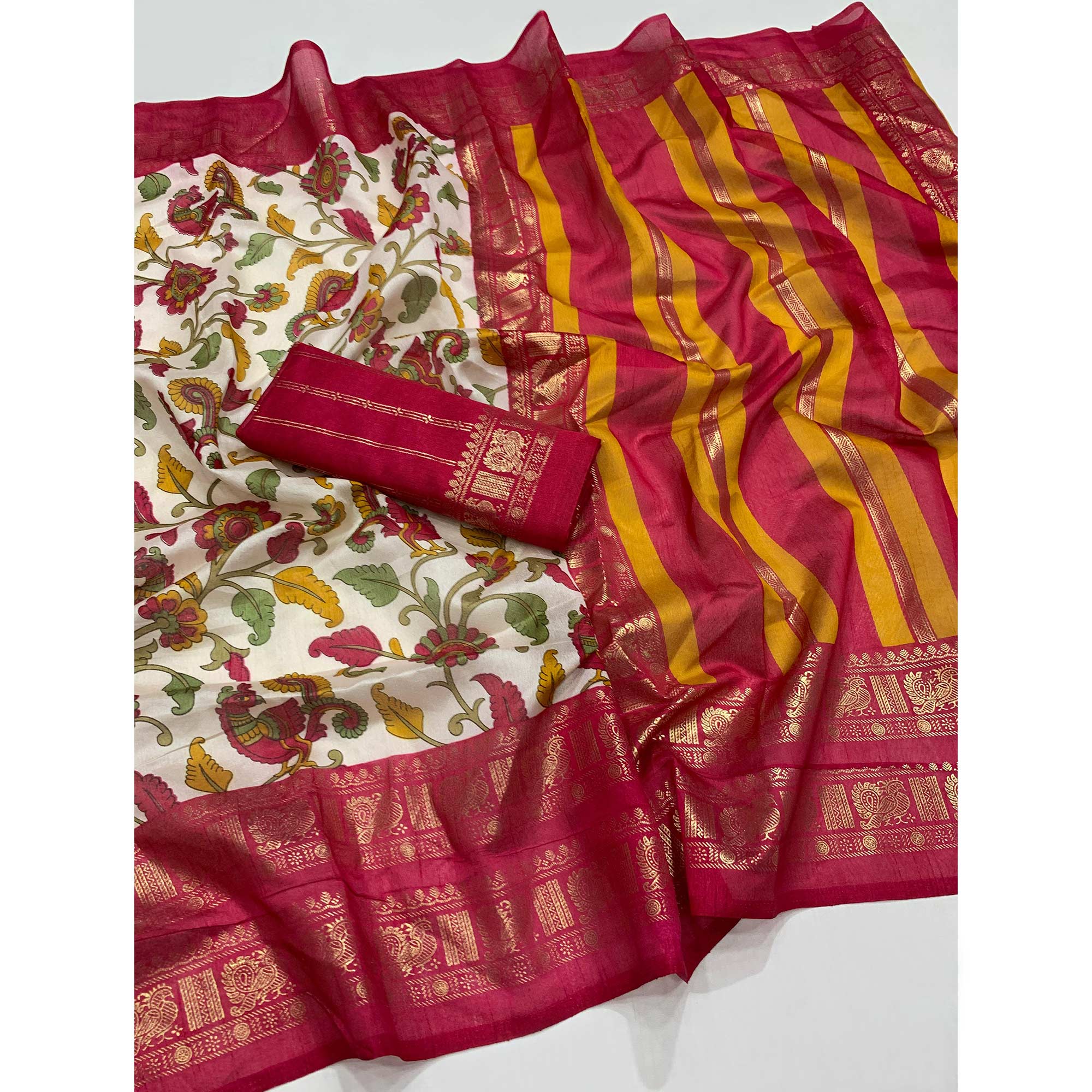 Pink Floral Printed Dola Silk Saree