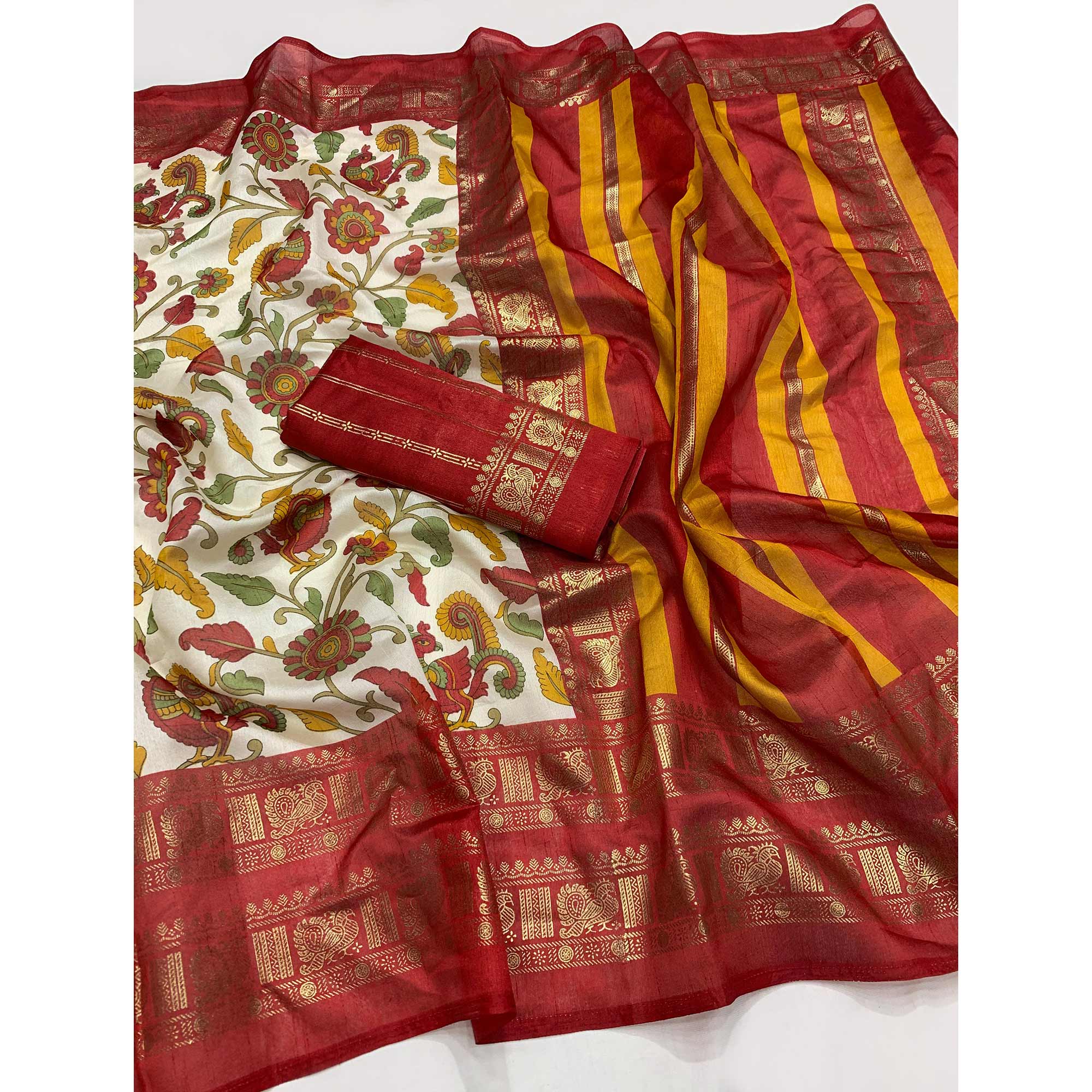 Red Floral Printed Dola Silk Saree