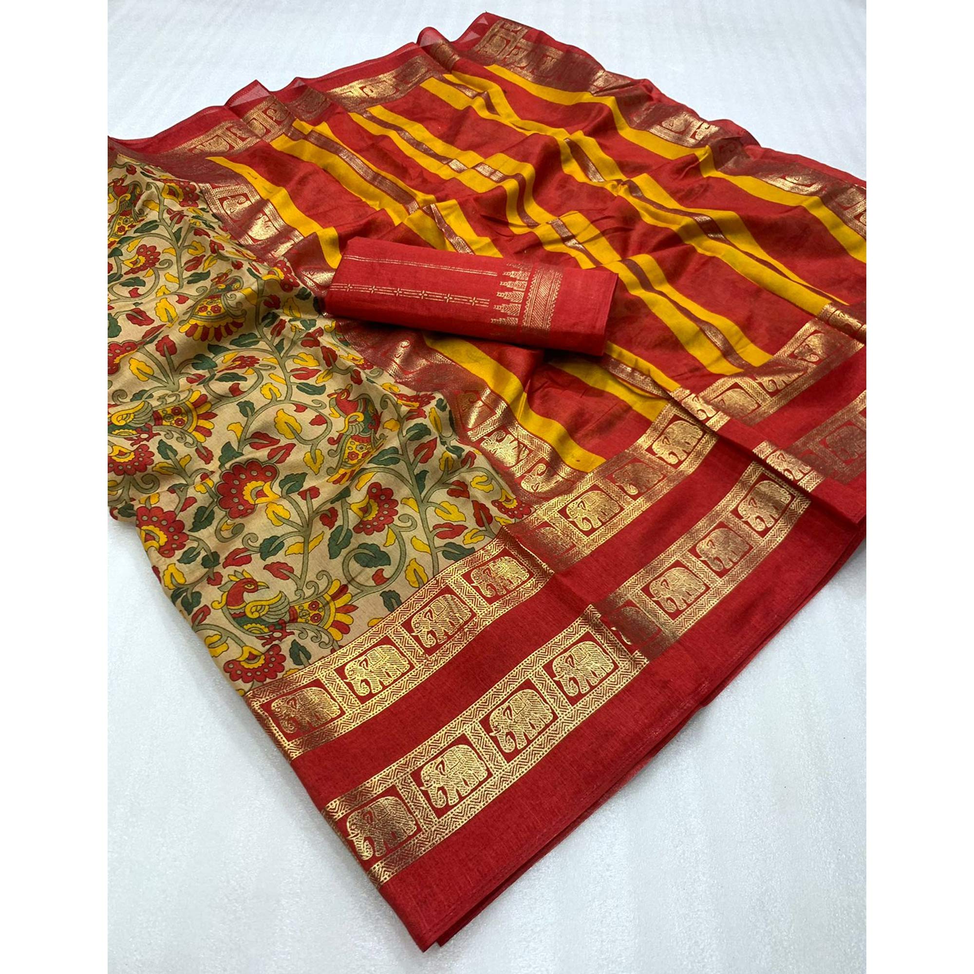 Chikoo Floral Kalamkari Printed Dola Silk Saree