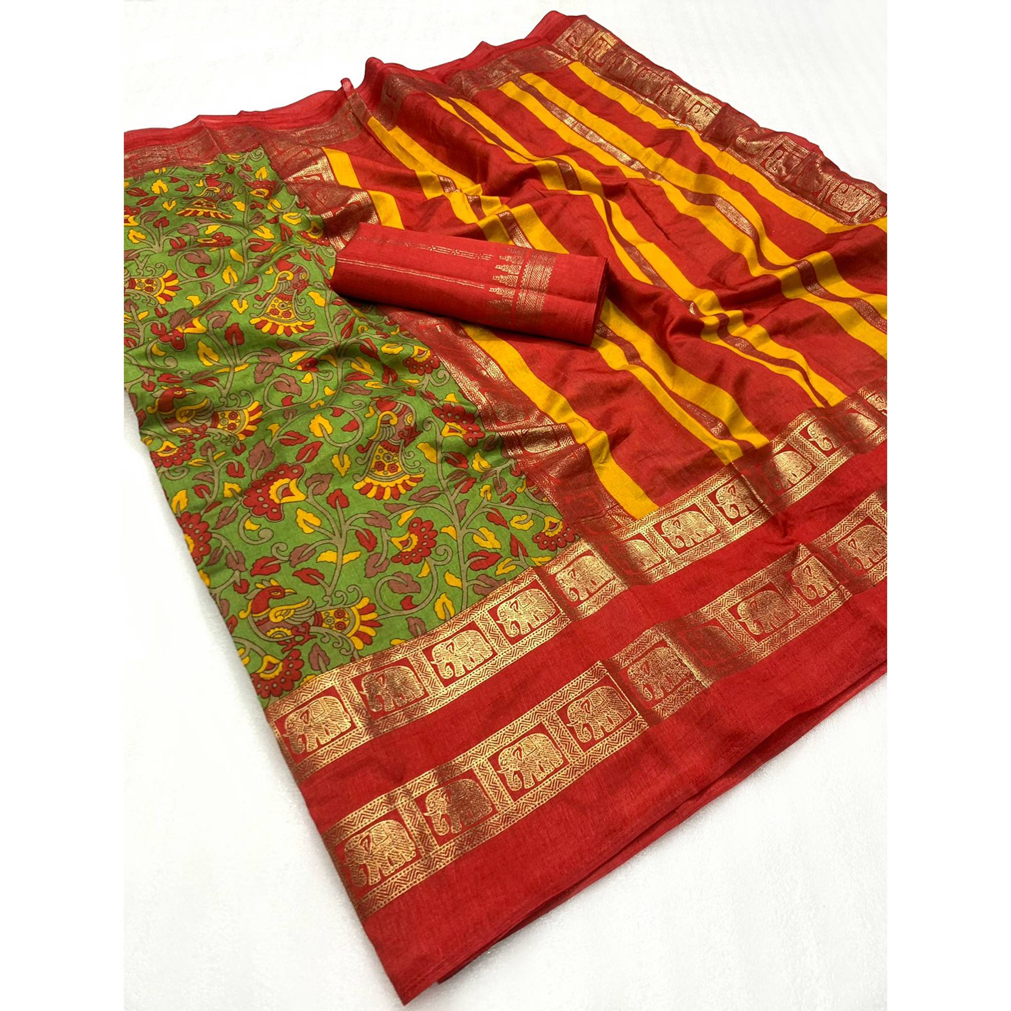 Green Floral Kalamkari Printed Dola Silk Saree