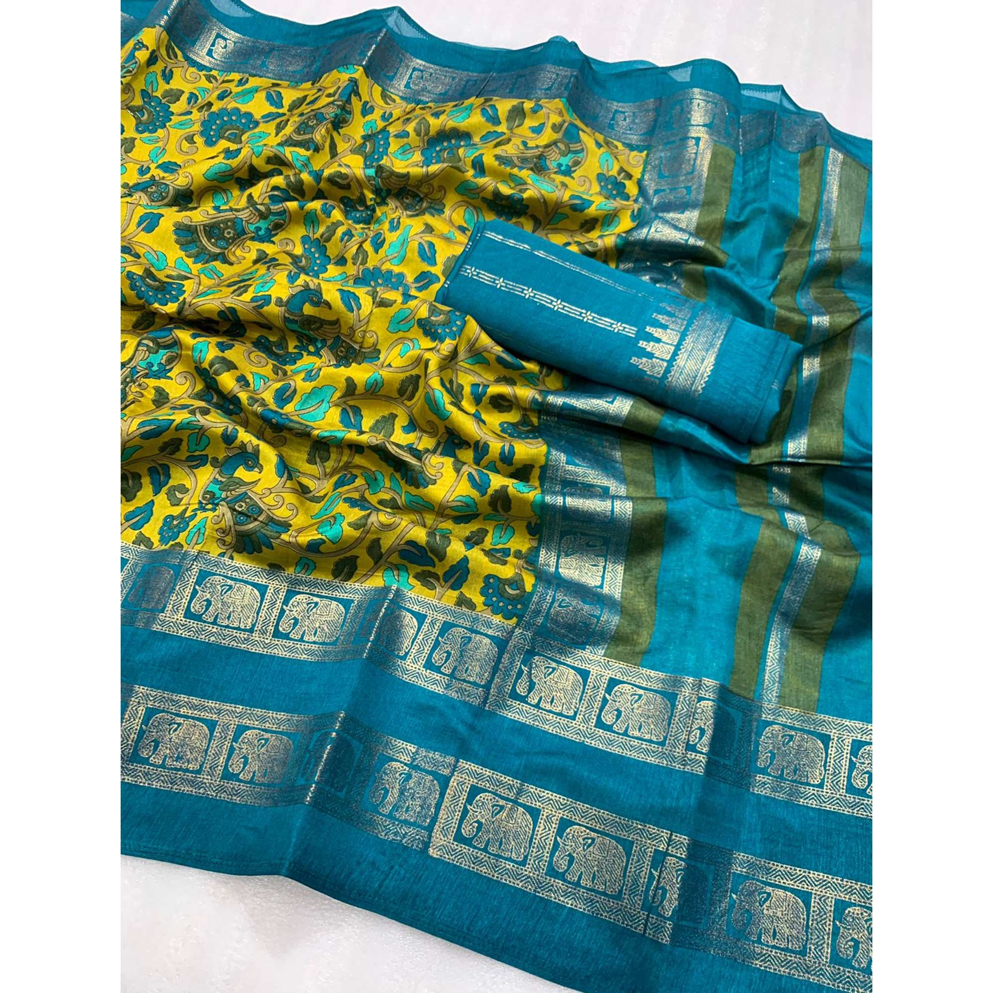 Lemon Green Floral Kalamkari Printed Dola Silk Saree