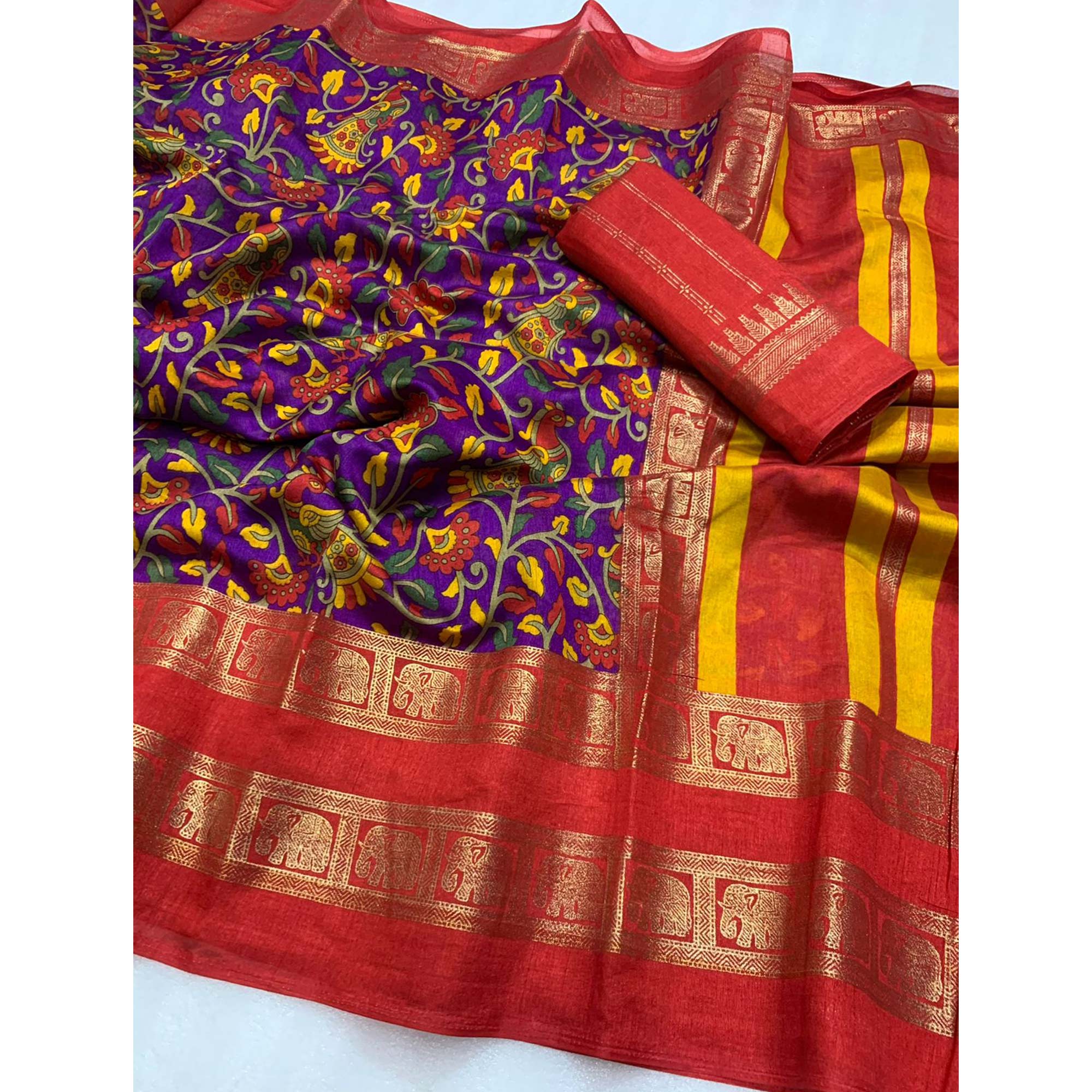 Purple Floral Kalamkari Printed Dola Silk Saree