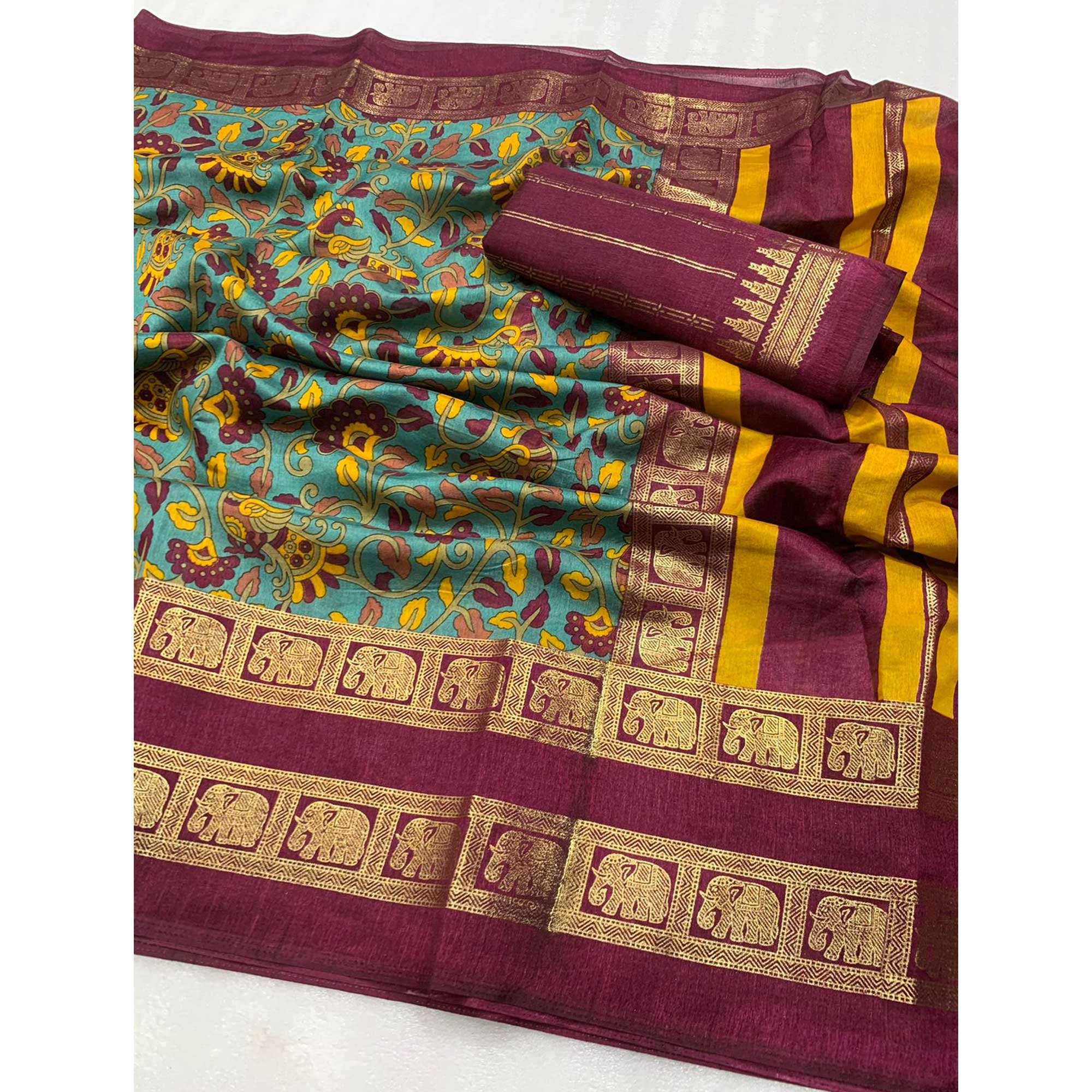 Rama Blue Floral Kalamkari Printed Dola Silk Saree