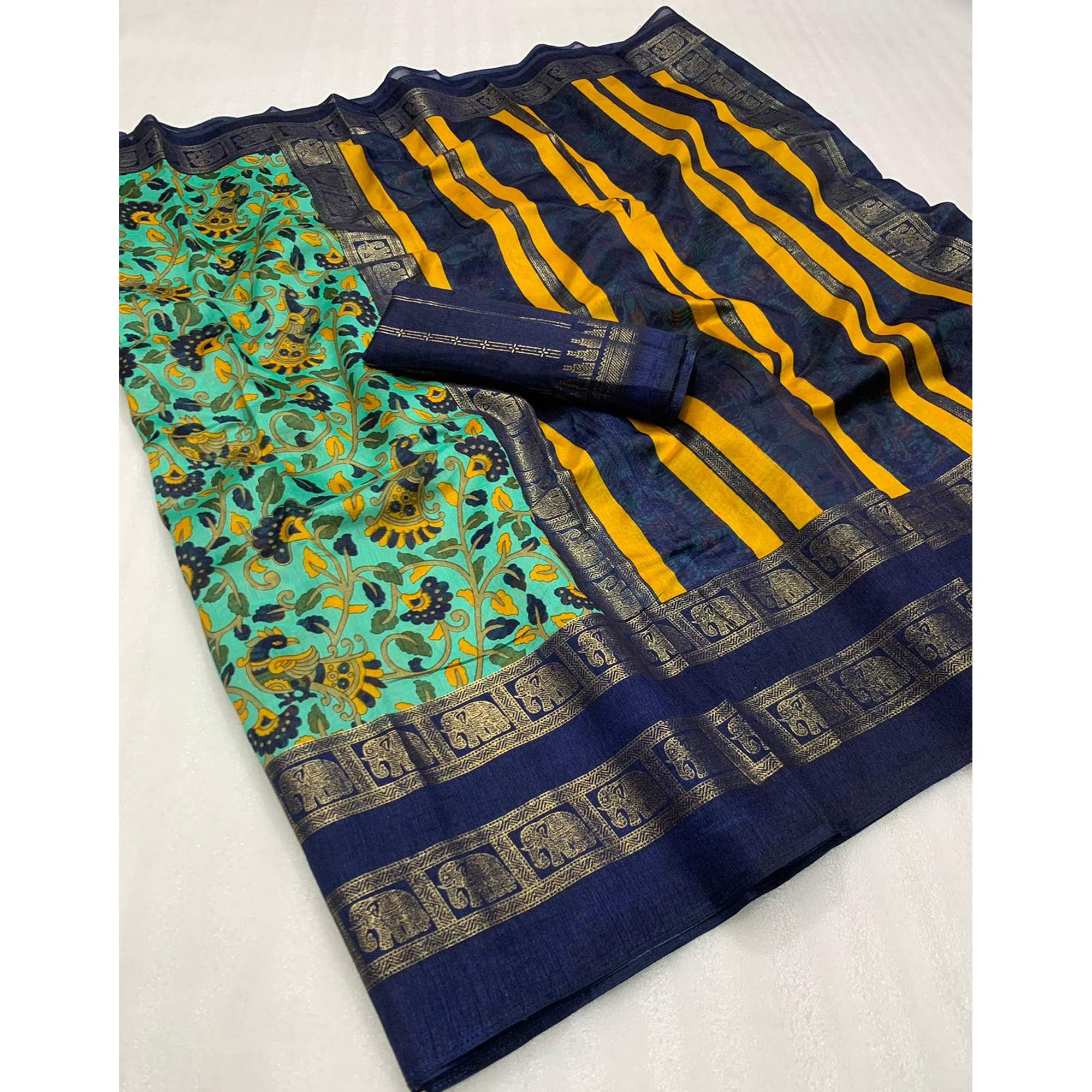 Turquoise Floral Kalamkari Printed Dola Silk Saree