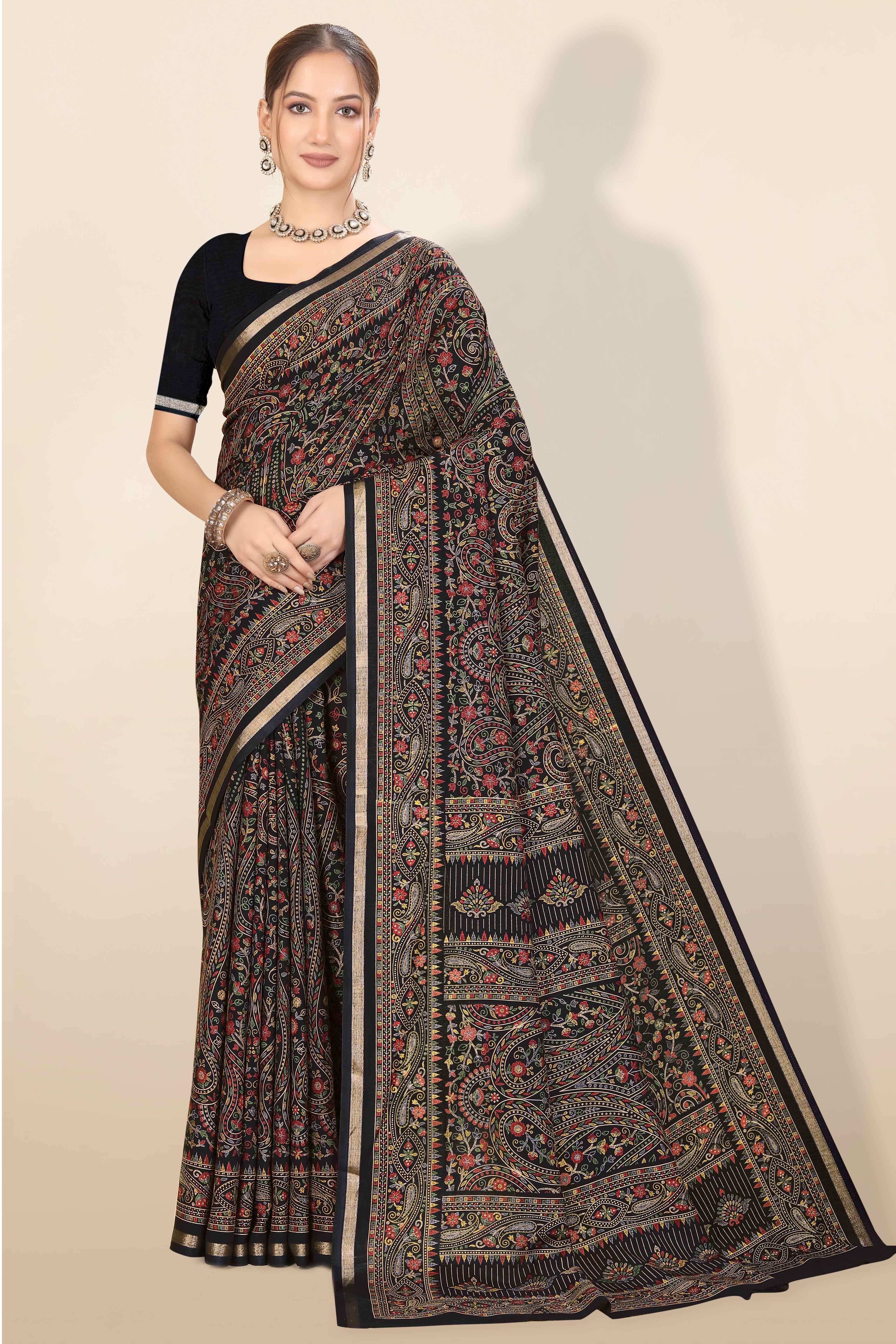 Black Floral Printed Dola Kashmiri Dola Silk Saree Highlighted With Rich Golden Zari Border